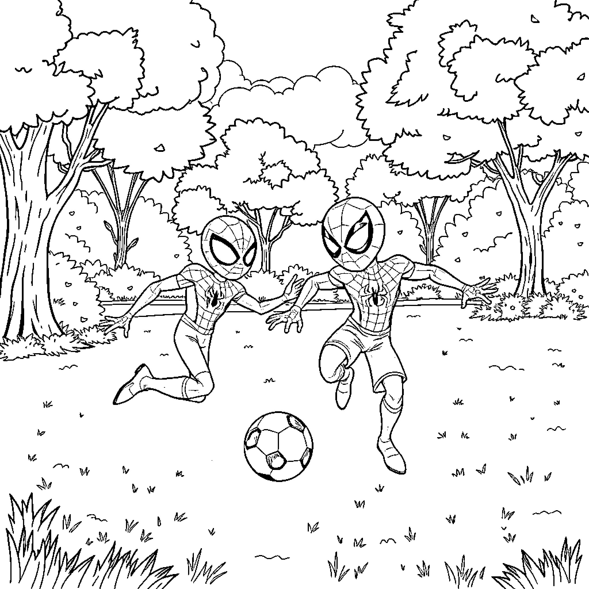 Spidey heroes playing soccer in the park Coloring Page (free black-and-white line drawing printable PDF for all, from beginners to advanced learners, including children, teens, adults, and seniors)