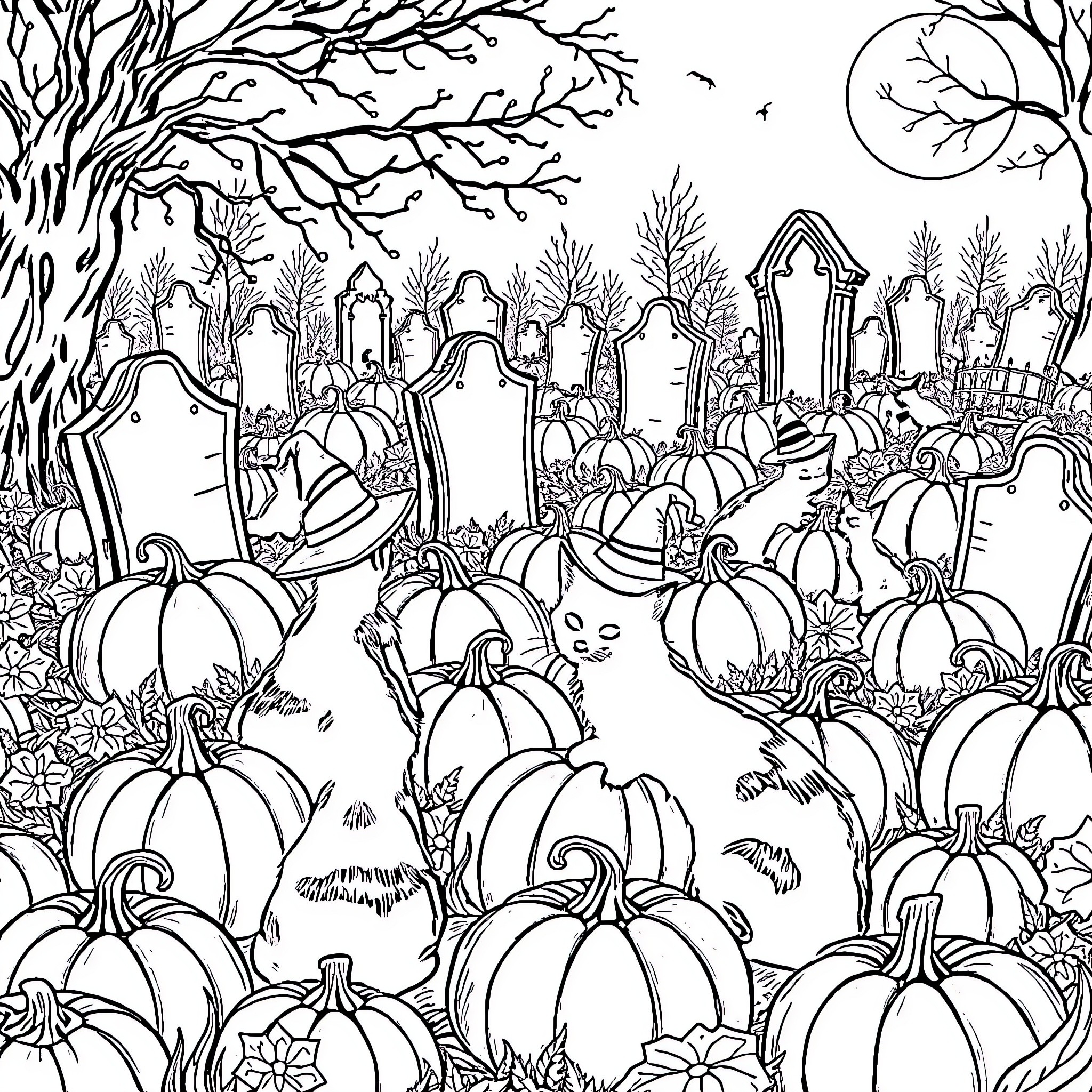 Cat Pumpkin Patch in Haunting Moonlight Coloring Page (free black-and-white line drawing printable PDF for all, from beginners to advanced learners, including children, teens, adults, and seniors)
