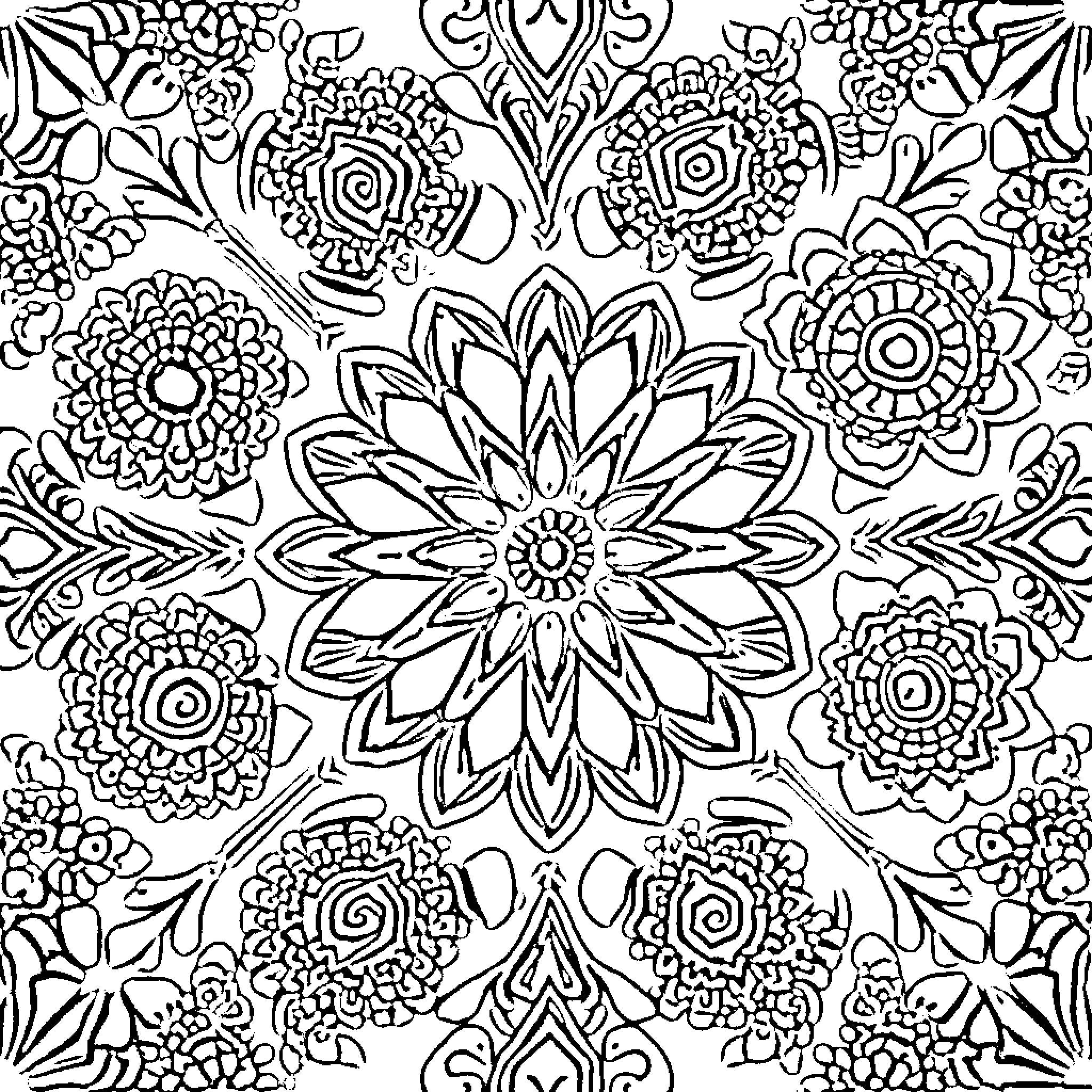 Geometric Pattern with Floral Elements Coloring Page (free black-and-white line drawing printable PDF for all, from beginners to advanced learners, including children, teens, adults, and seniors)