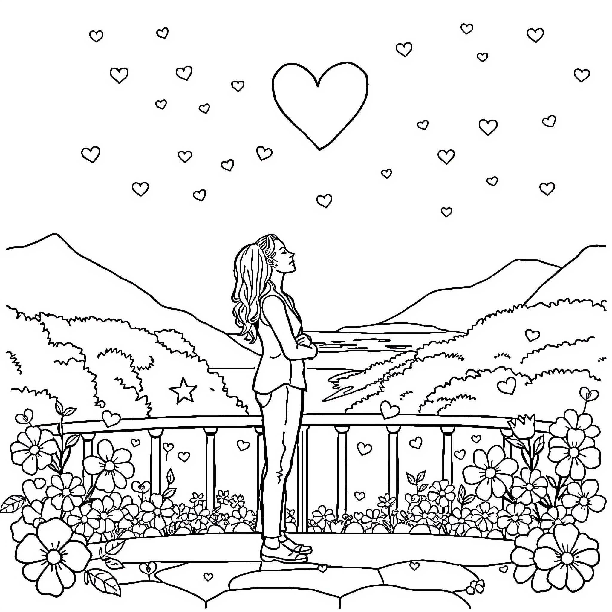 Couple enjoying scenic landscape with hearts Coloring Page (free black-and-white line drawing printable PDF for all, from beginners to advanced learners, including children, teens, adults, and seniors)