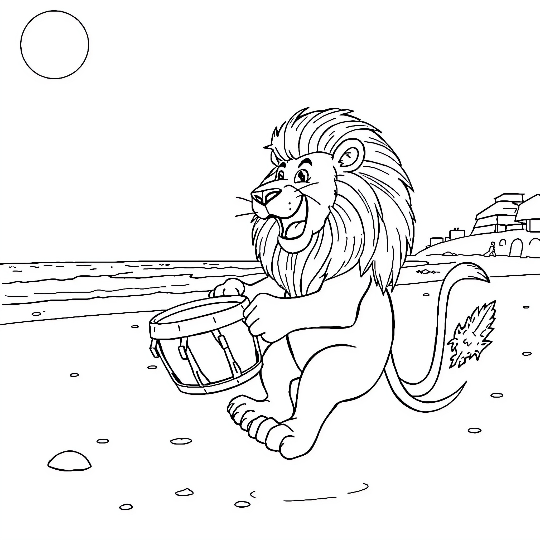 Lion playing a drum on the beach Coloring Page (free black-and-white line drawing printable PDF for all, from beginners to advanced learners, including children, teens, adults, and seniors)