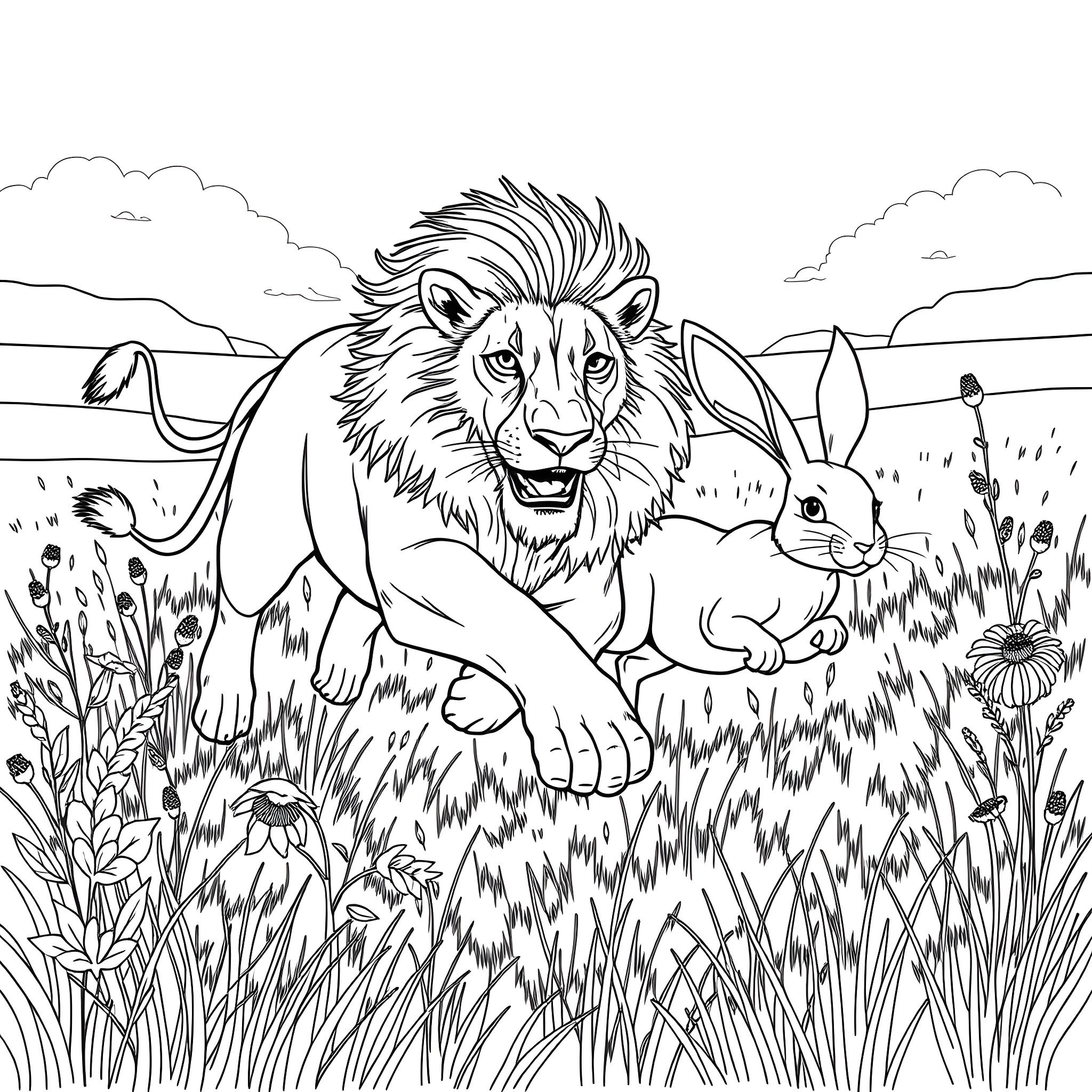 Lion and Rabbit in the Meadow Coloring Page (free black-and-white line drawing printable PDF for all, from beginners to advanced learners, including children, teens, adults, and seniors)