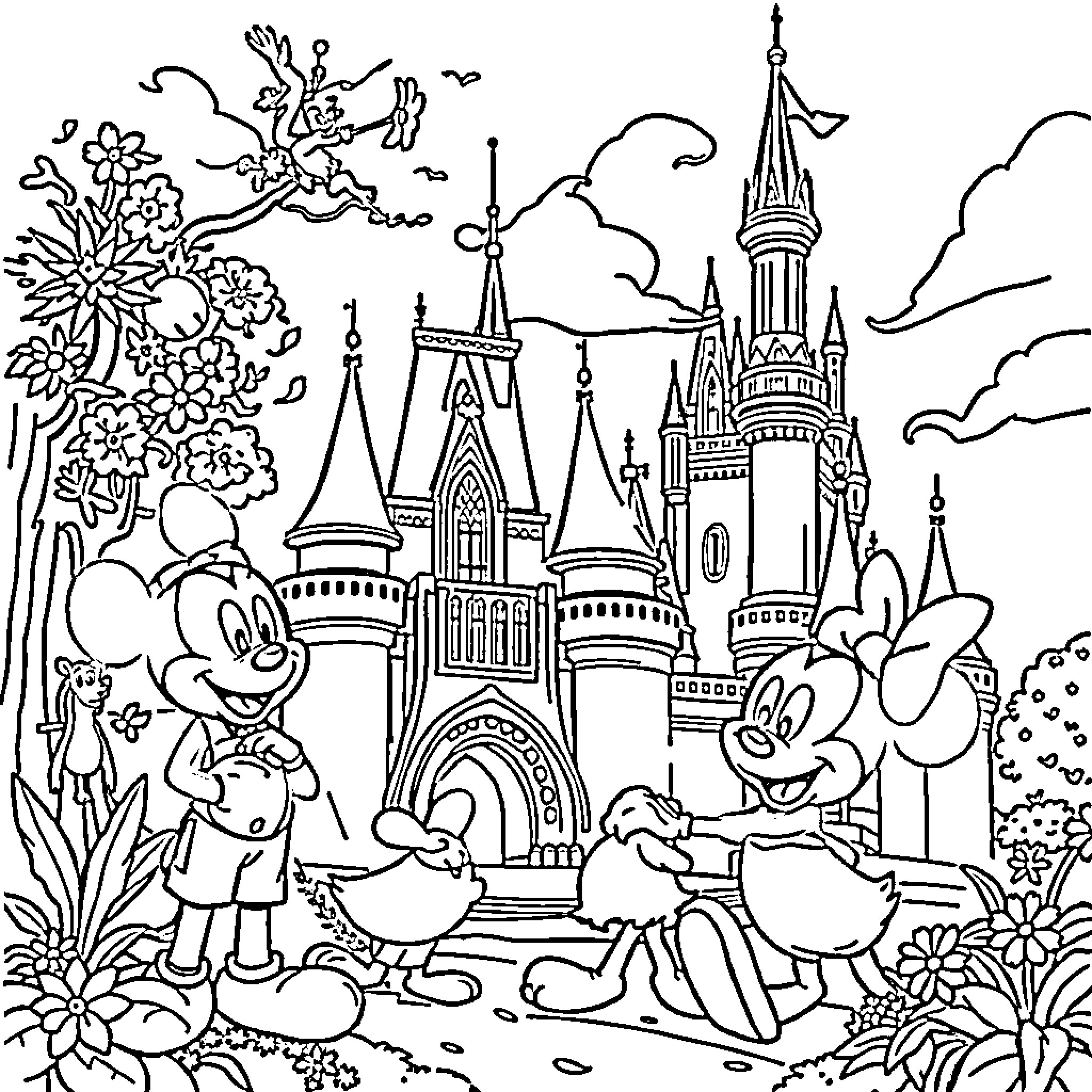 Disney characters exploring the enchanting castle landscape Coloring Page (free black-and-white line drawing printable PDF for all, from beginners to advanced learners, including children, teens, adults, and seniors)