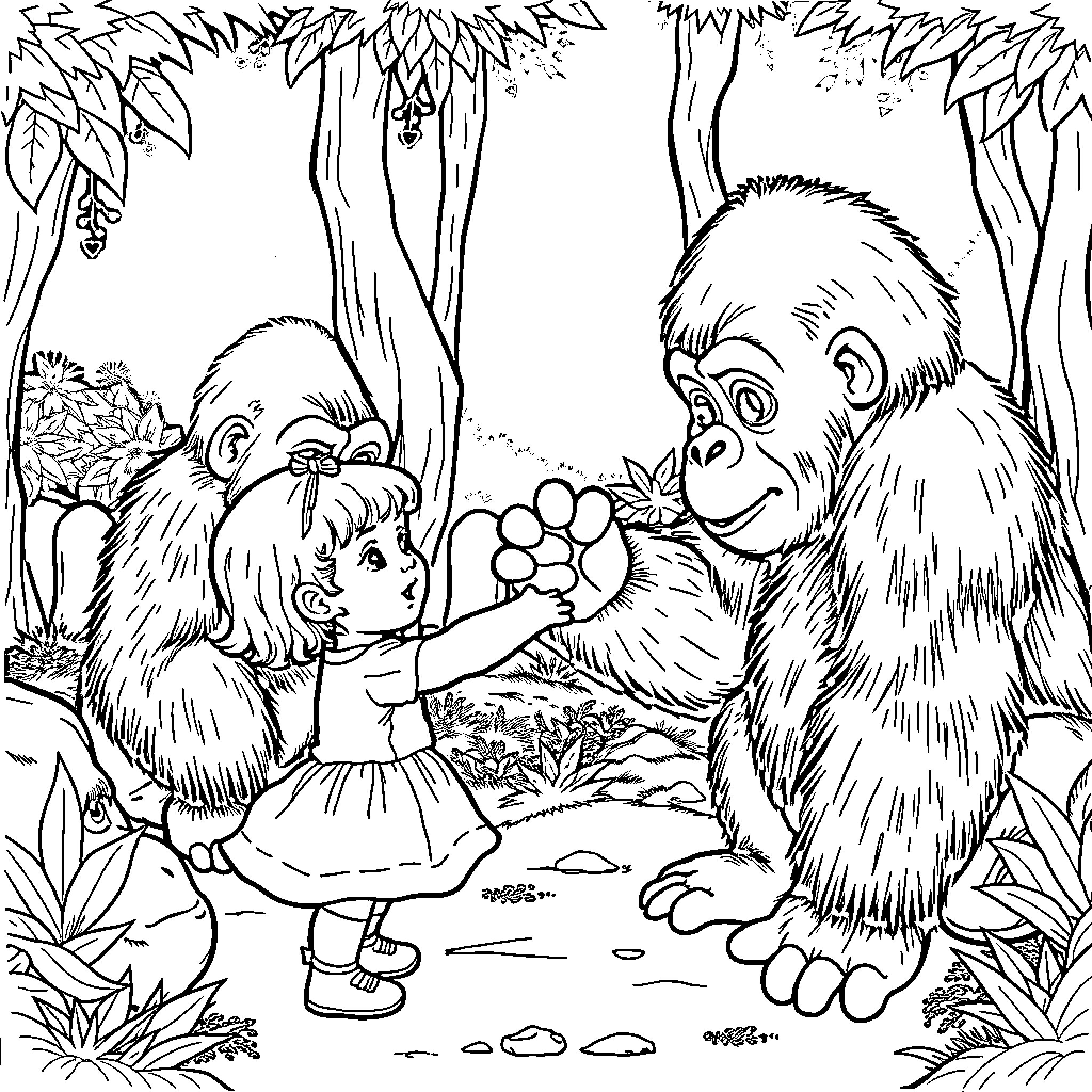Baby Girl Plays with Friendly Gorilla in Jungle Coloring Page (free black-and-white line drawing printable PDF for all, from beginners to advanced learners, including children, teens, adults, and seniors)