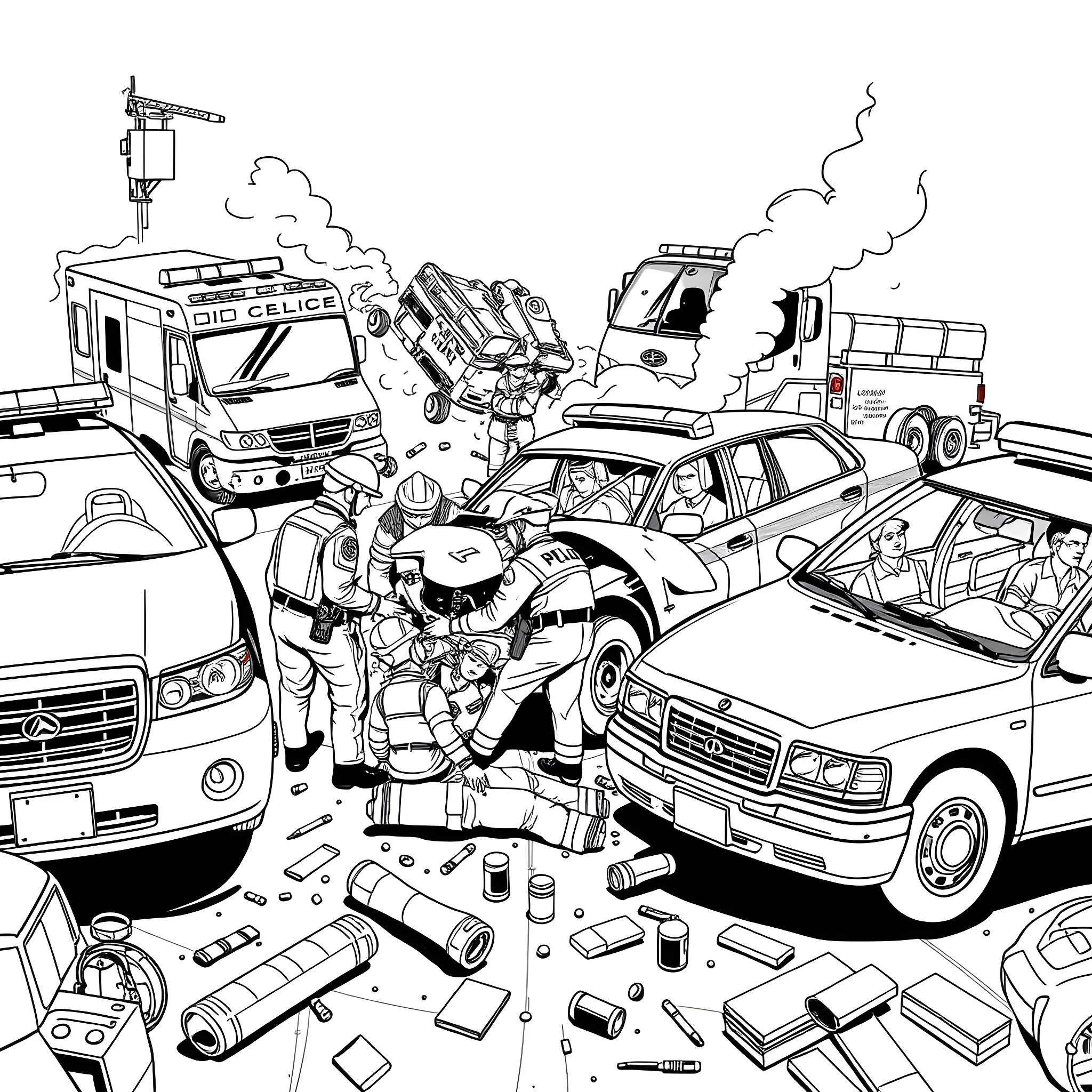Car Accident Scene with Emergency Response Coloring Page (free black-and-white line drawing printable PDF for all, from beginners to advanced learners, including children, teens, adults, and seniors)