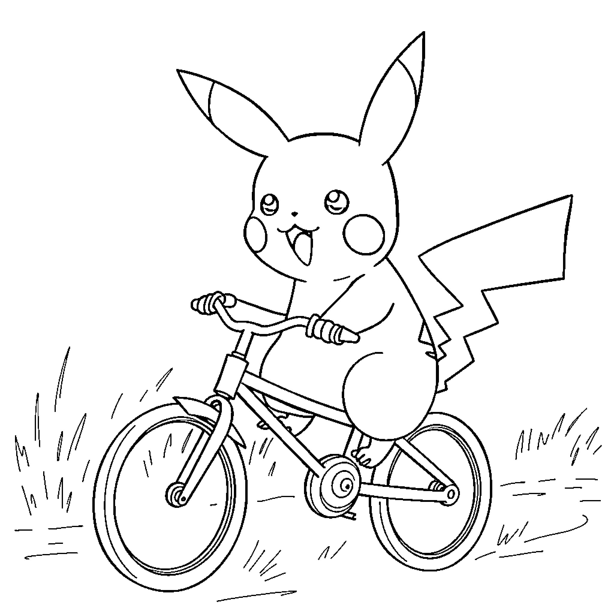 Pikachu riding a bicycle happily Coloring Page (free black-and-white line drawing printable PDF for all, from beginners to advanced learners, including children, teens, adults, and seniors)