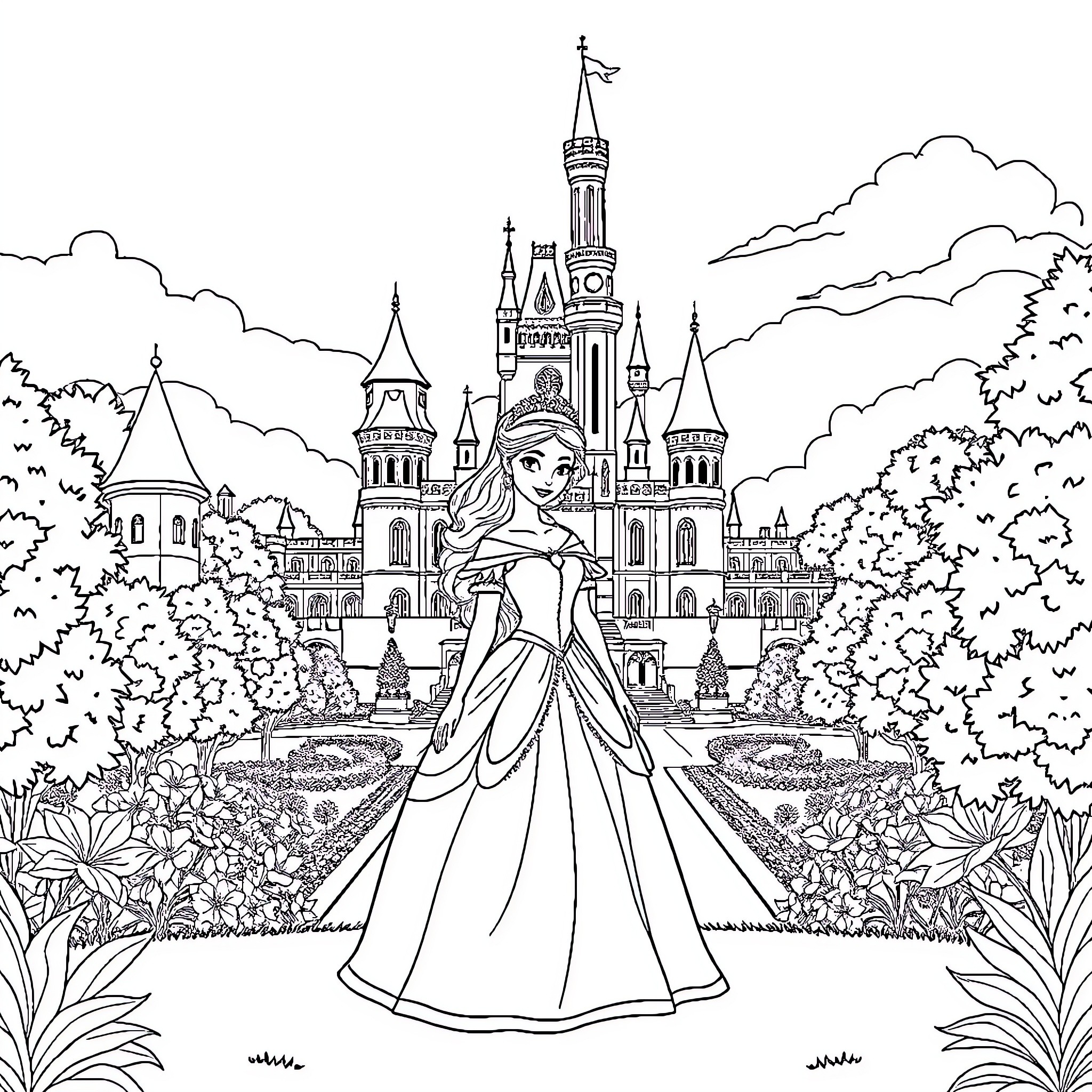 Princess in Enchanting Castle Courtyard Coloring Page (free black-and-white line drawing printable PDF for all, from beginners to advanced learners, including children, teens, adults, and seniors)