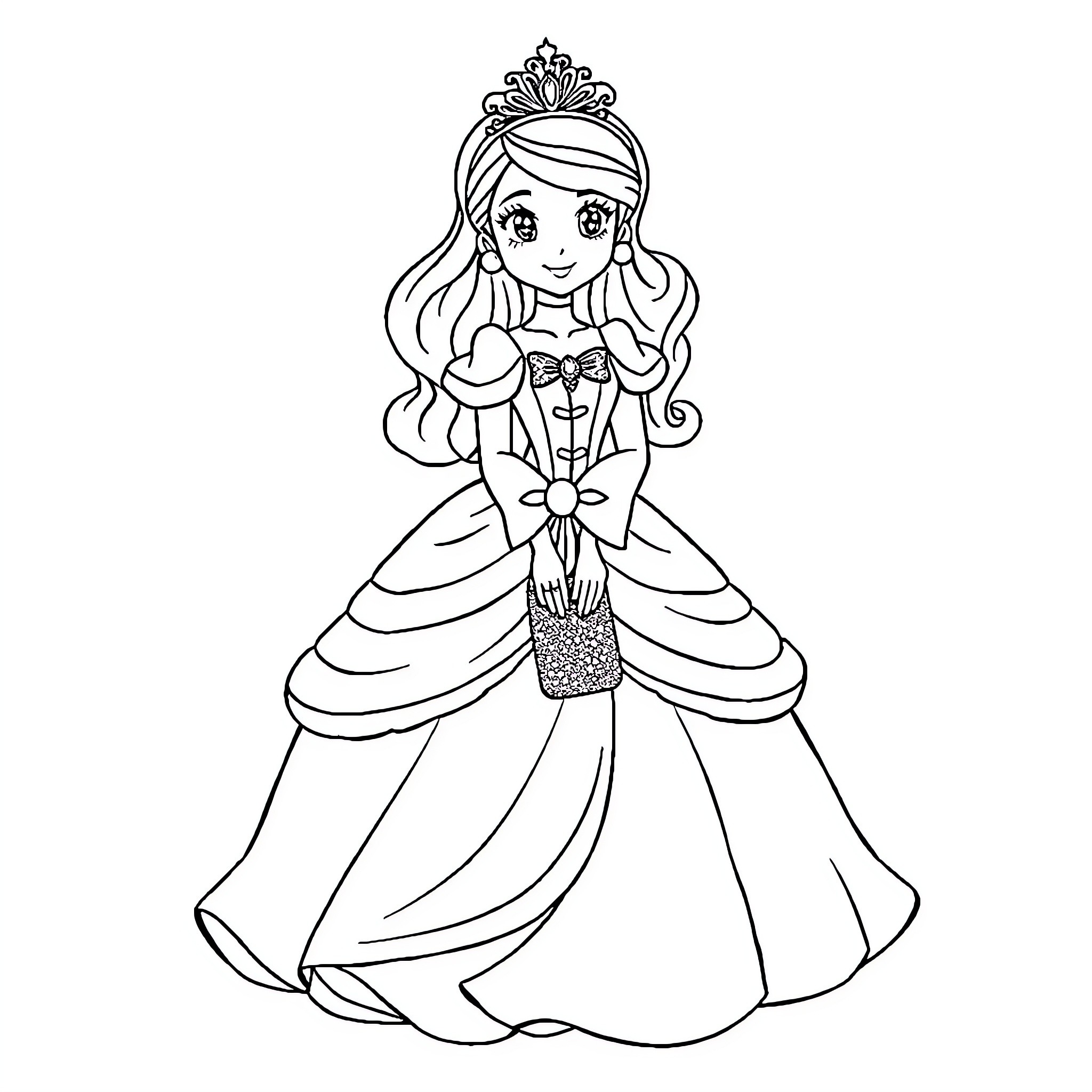 Princess in Elegant Gown and Tiara Coloring Page (free black-and-white line drawing printable PDF for all, from beginners to advanced learners, including children, teens, adults, and seniors)