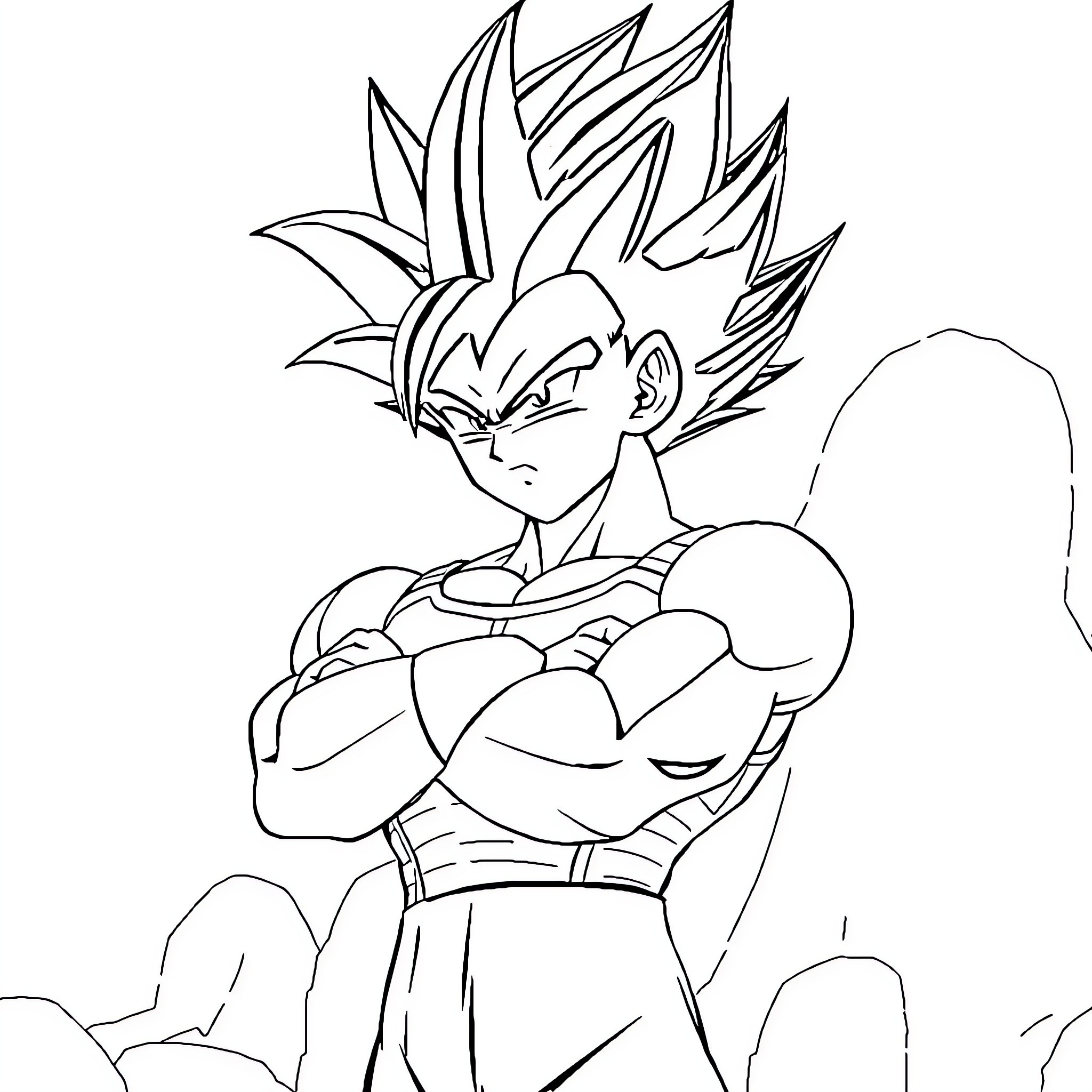 Vegeta in a powerful fighting stance Coloring Page (free black-and-white line drawing printable PDF for all, from beginners to advanced learners, including children, teens, adults, and seniors)