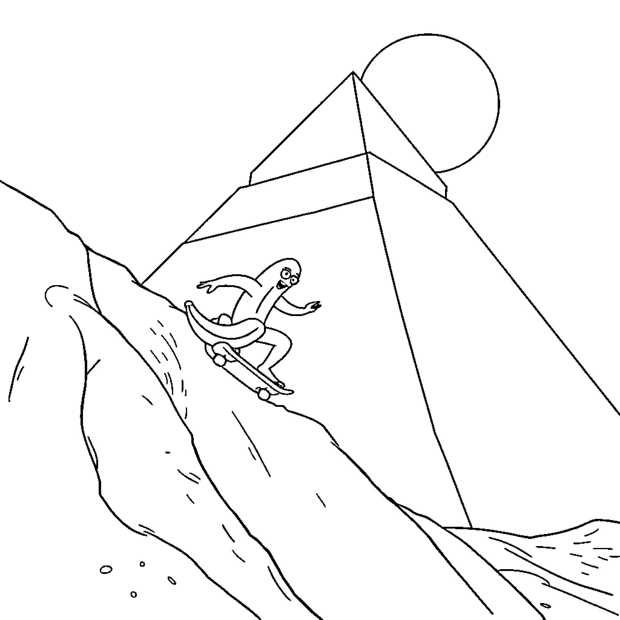 Banana skiing down a snowy mountain Coloring Page (free black-and-white line drawing printable PDF for all, from beginners to advanced learners, including children, teens, adults, and seniors)