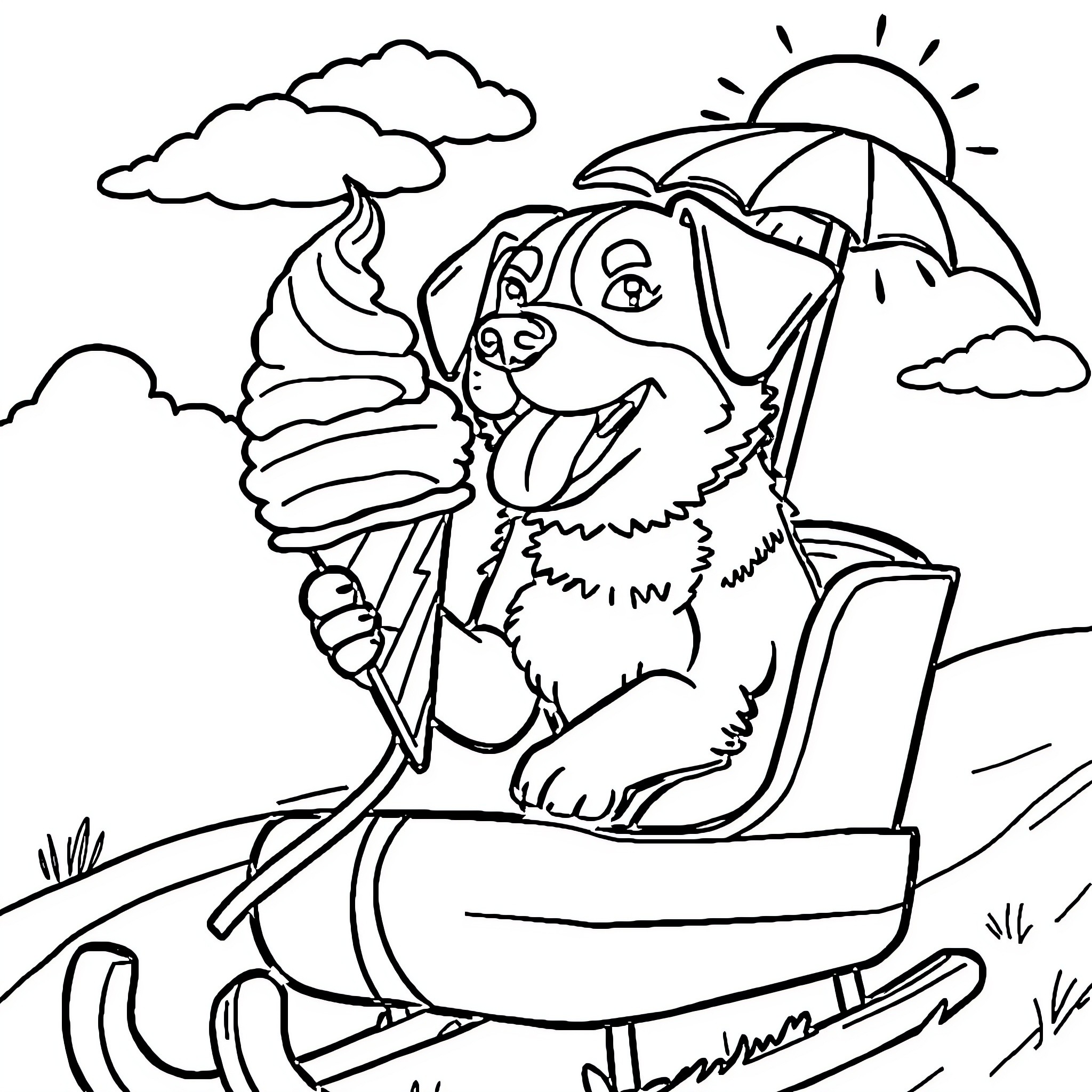 Dog enjoying a sunny day with umbrella Coloring Page (free black-and-white line drawing printable PDF for all, from beginners to advanced learners, including children, teens, adults, and seniors)