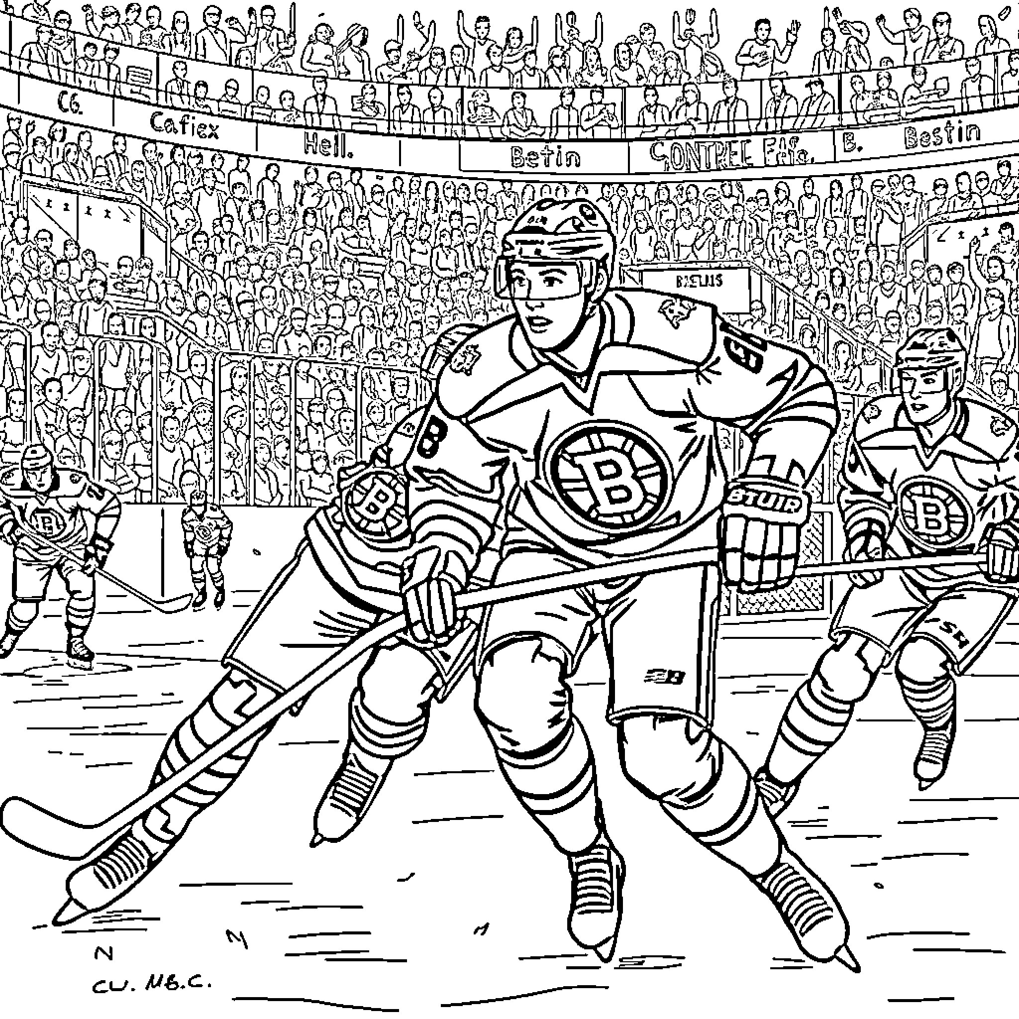 Boston Bruins hockey players competing in intense match Coloring Page (free black-and-white line drawing printable PDF for all, from beginners to advanced learners, including children, teens, adults, and seniors)