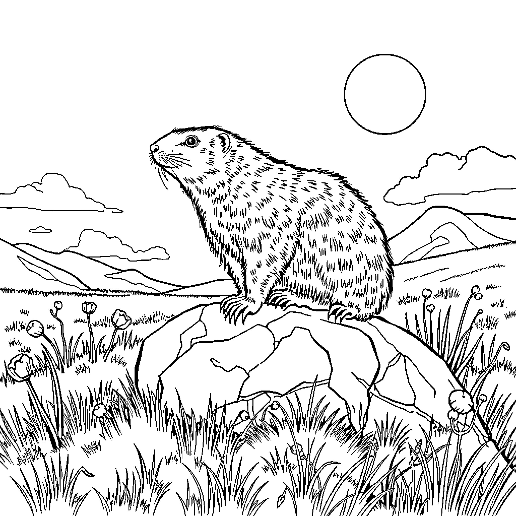 Marmot resting on a rocky outcrop in the wild Coloring Page (free black-and-white line drawing printable PDF for all, from beginners to advanced learners, including children, teens, adults, and seniors)