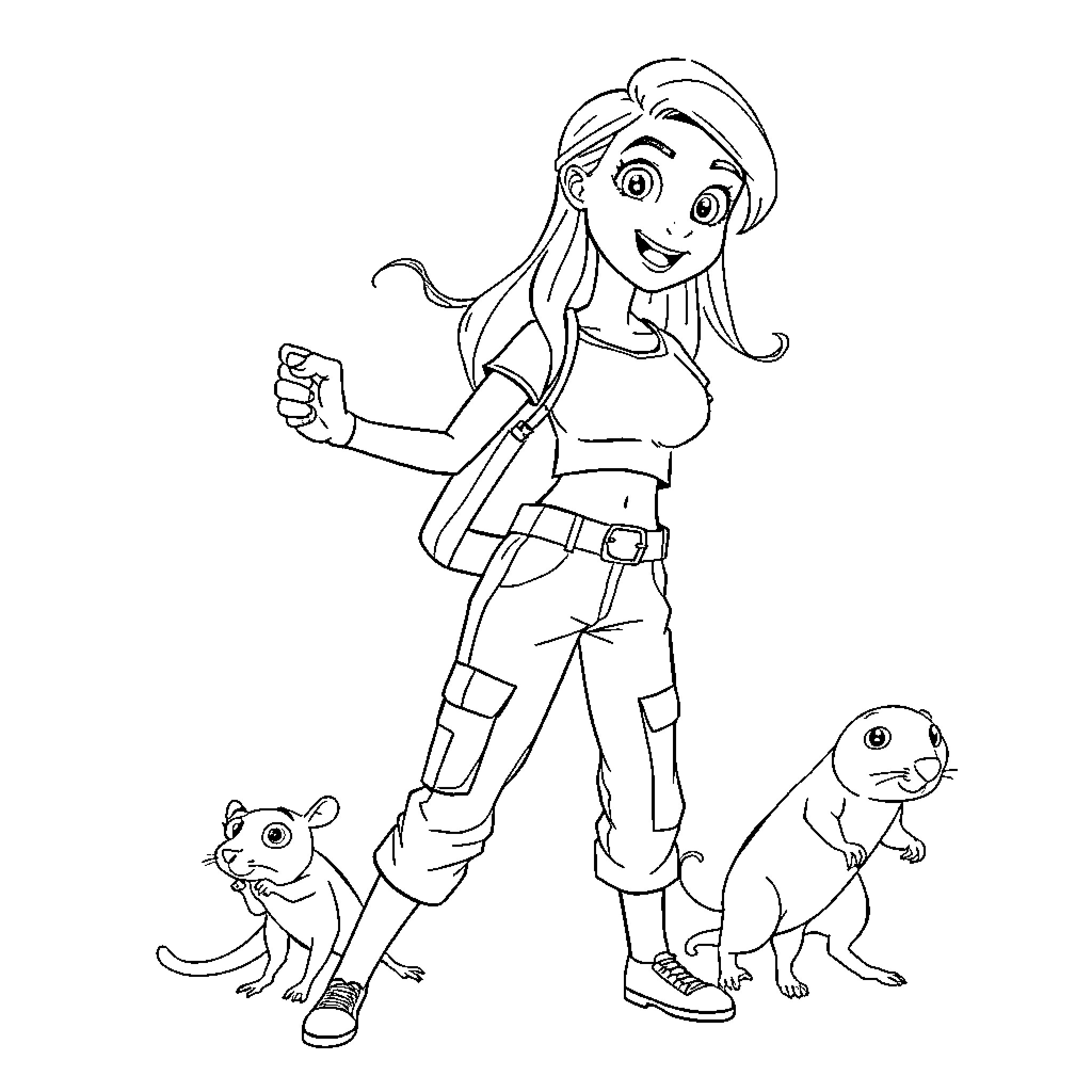 Kim Possible on an adventure with her sidekicks Coloring Page (free black-and-white line drawing printable PDF for all, from beginners to advanced learners, including children, teens, adults, and seniors)