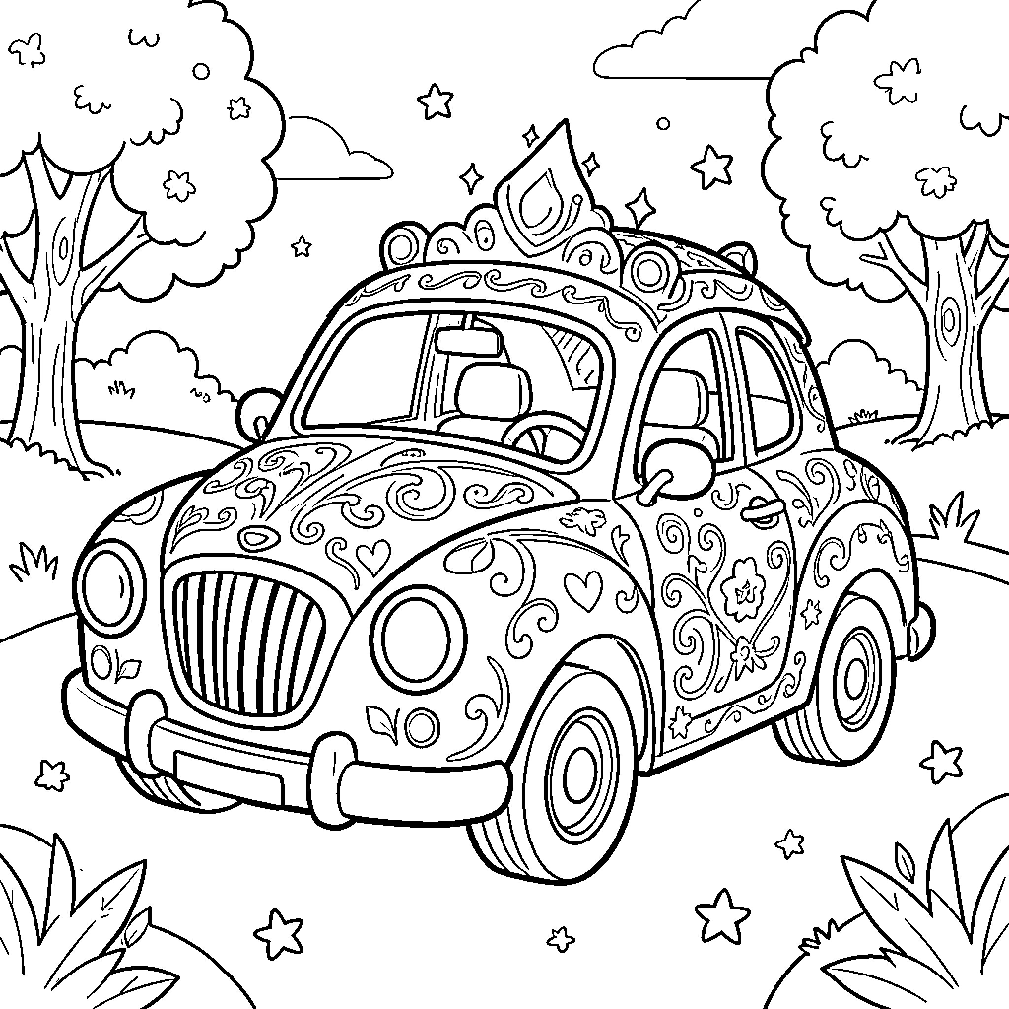 Car decorated with intricate floral patterns in nature Coloring Page (free black-and-white line drawing printable PDF for all, from beginners to advanced learners, including children, teens, adults, and seniors)