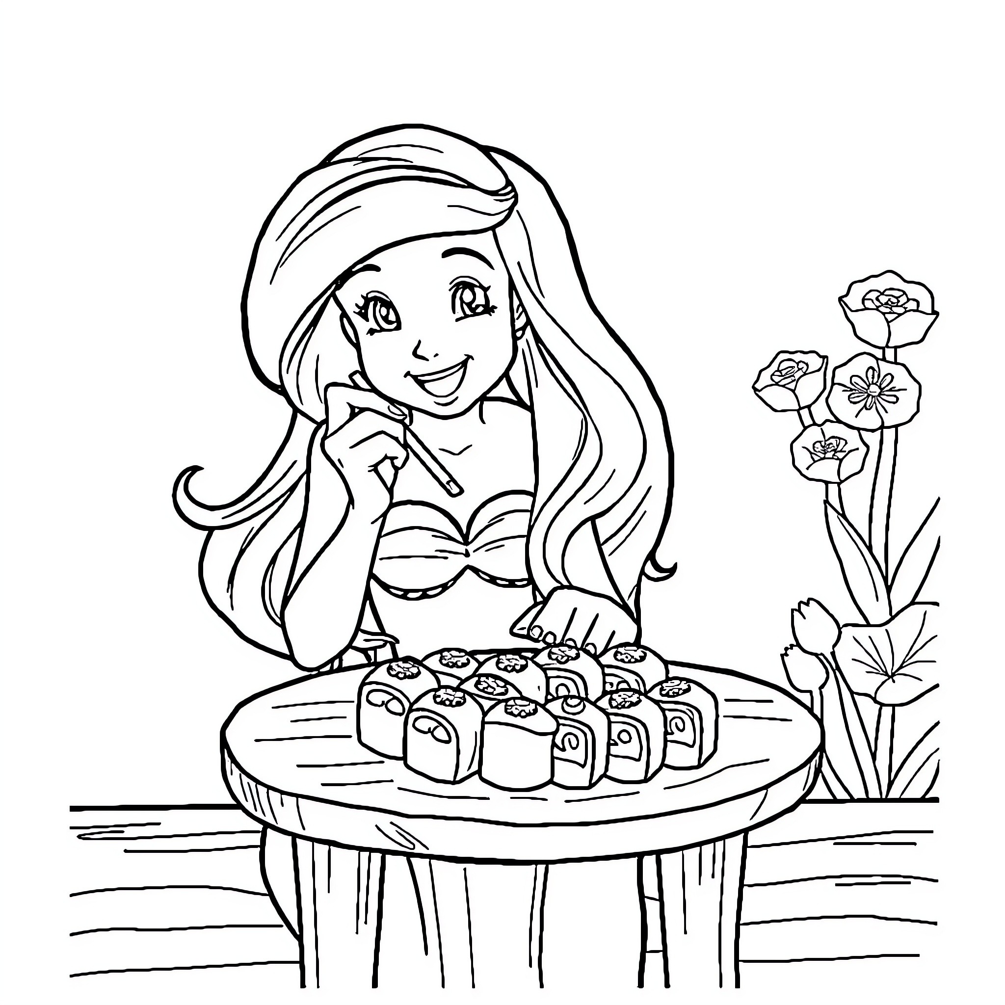 Ariel enjoying her sushi platter by the garden Coloring Page (free black-and-white line drawing printable PDF for all, from beginners to advanced learners, including children, teens, adults, and seniors)
