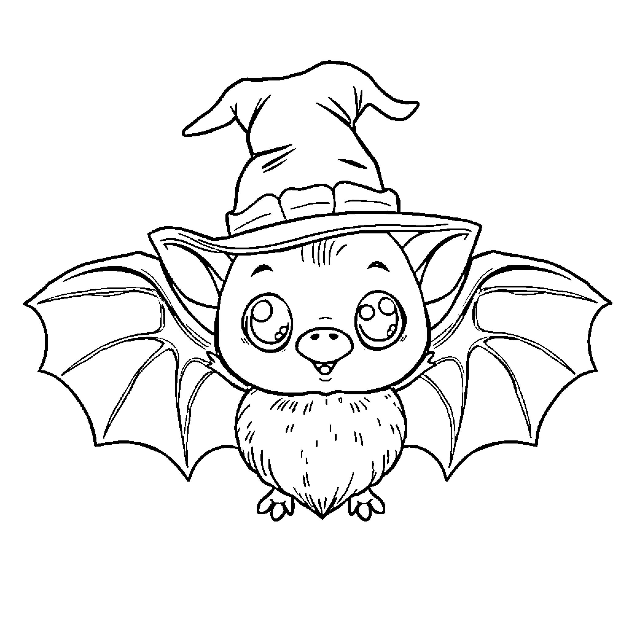Bat wearing a witch hat and having fun Coloring Page (free black-and-white line drawing printable PDF for all, from beginners to advanced learners, including children, teens, adults, and seniors)