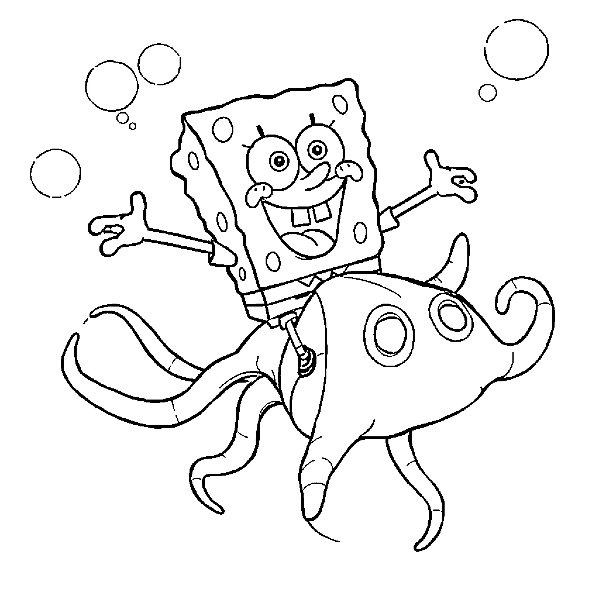 Spongebob riding a jellyfish happily Coloring Page (free black-and-white line drawing printable PDF for all, from beginners to advanced learners, including children, teens, adults, and seniors)