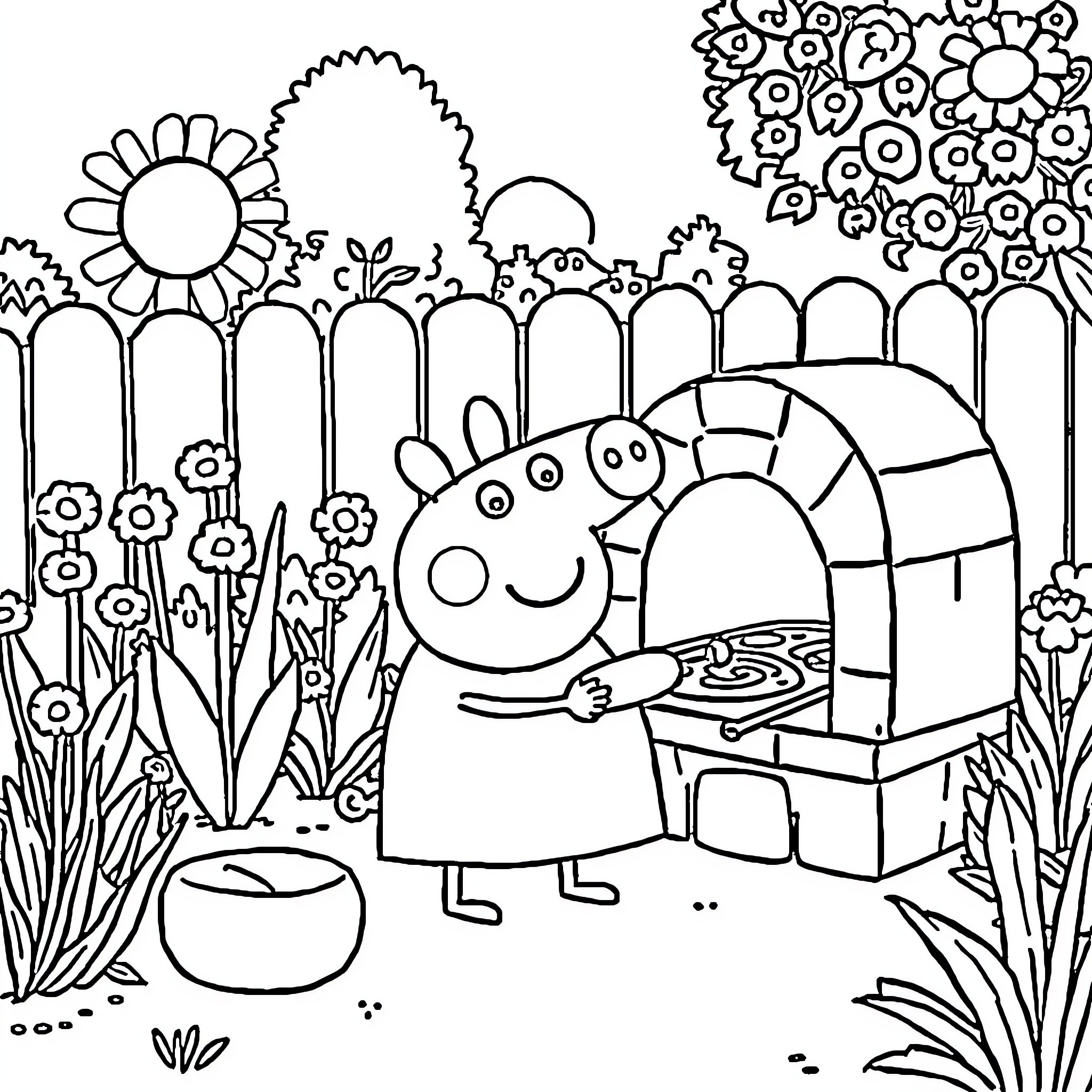 Peppa Pig enjoying outdoor activities in a garden Coloring Page (free black-and-white line drawing printable PDF for all, from beginners to advanced learners, including children, teens, adults, and seniors)