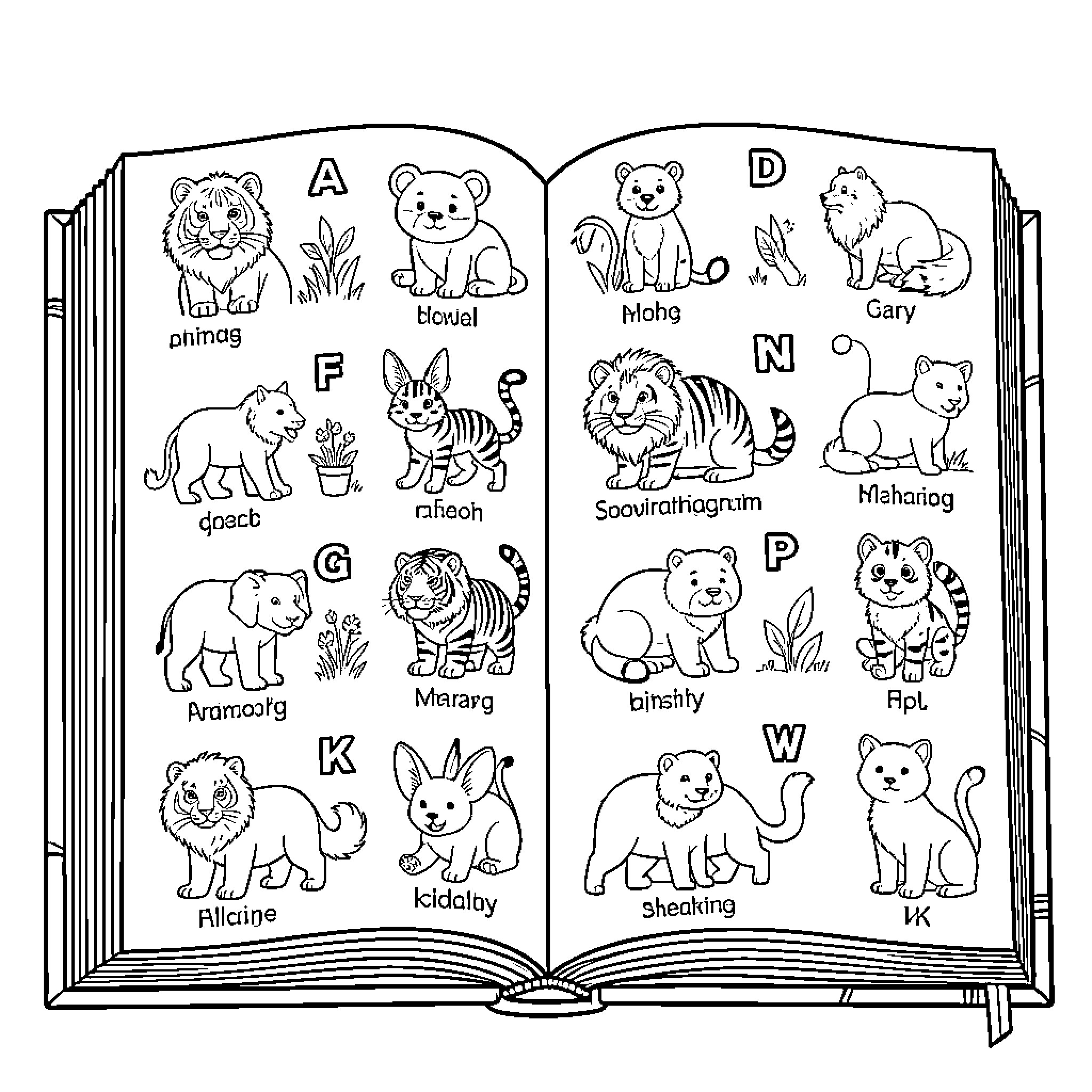 Animal alphabet coloring book Coloring Page (free black-and-white line drawing printable PDF for all, from beginners to advanced learners, including children, teens, adults, and seniors)