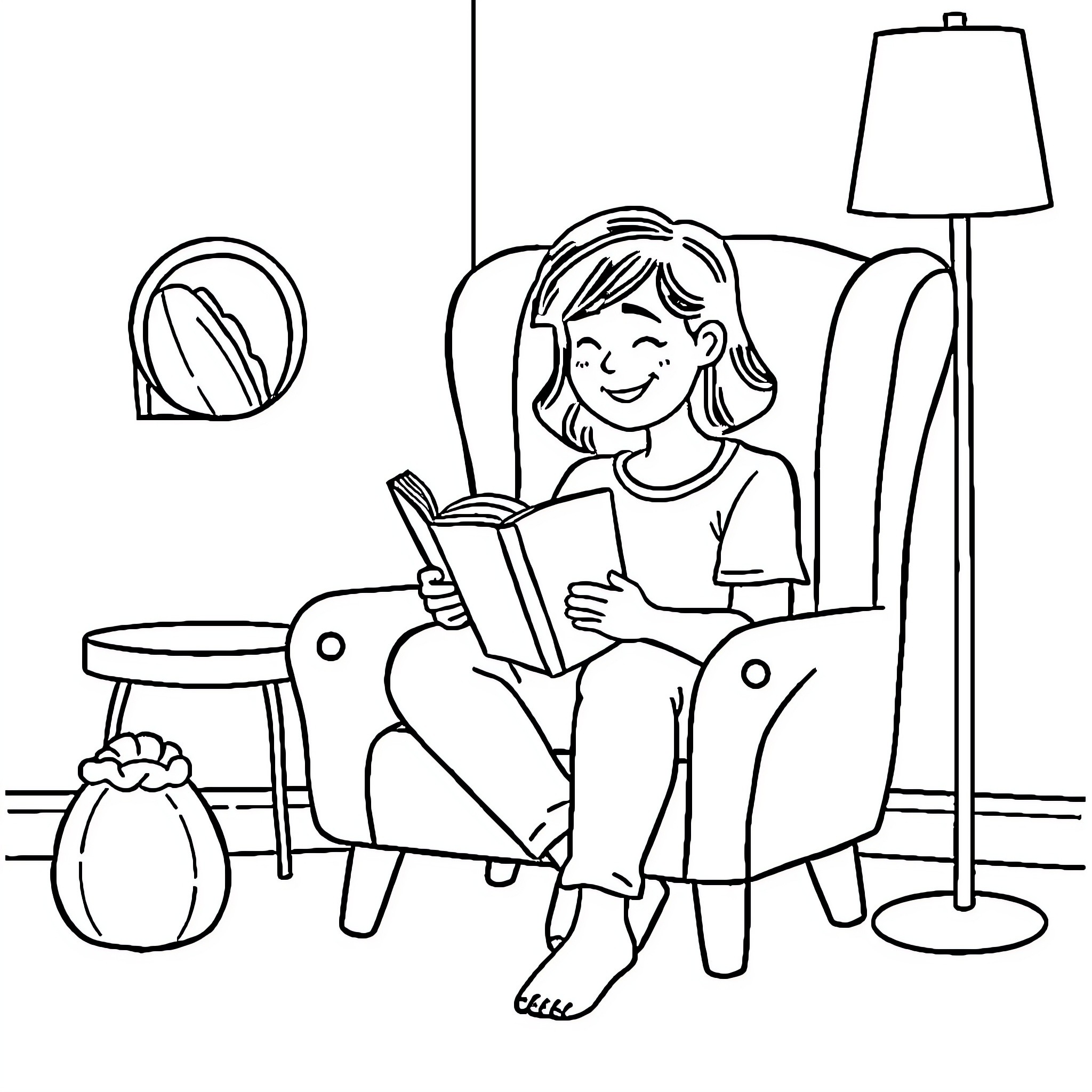 Person reading a book in a cozy room Coloring Page (free black-and-white line drawing printable PDF for all, from beginners to advanced learners, including children, teens, adults, and seniors)