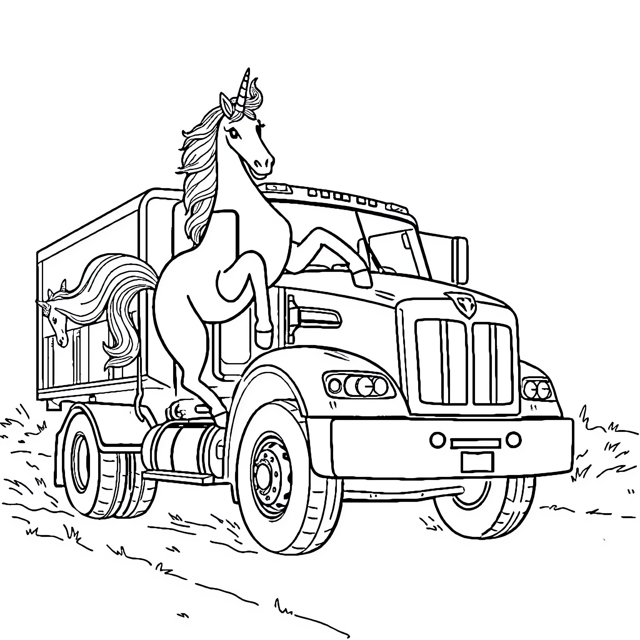 Unicorn riding on a big truck in the countryside Coloring Page (free black-and-white line drawing printable PDF for all, from beginners to advanced learners, including children, teens, adults, and seniors)