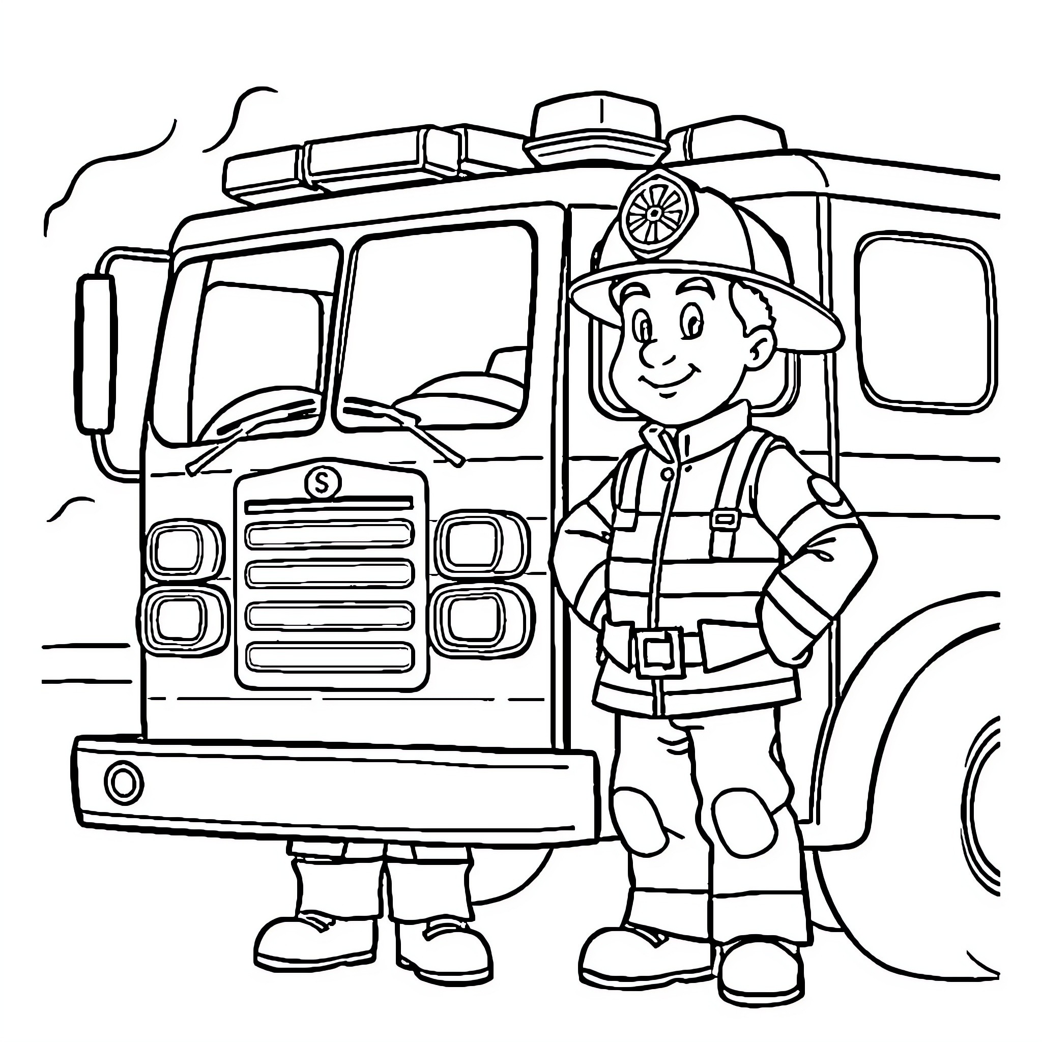 Fireman Sam with fire engine in action Coloring Page (free black-and-white line drawing printable PDF for all, from beginners to advanced learners, including children, teens, adults, and seniors)