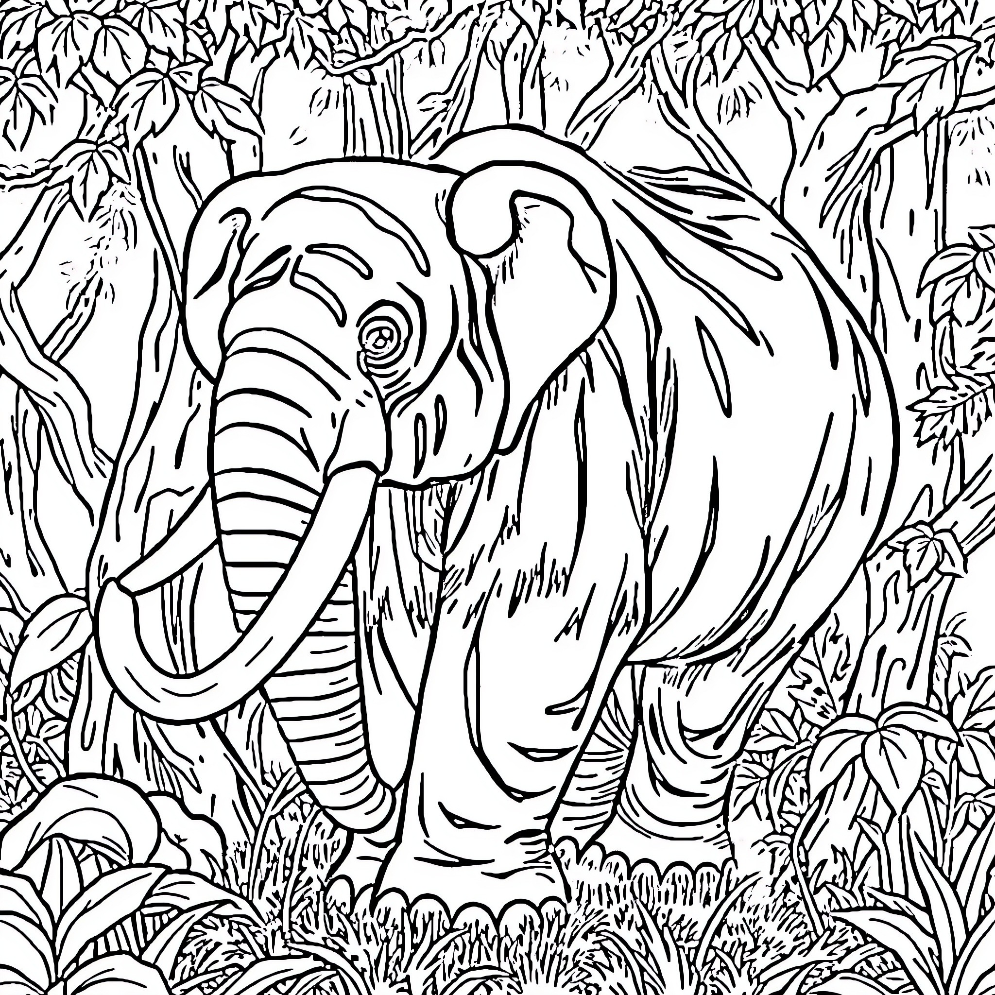Elephant in the Wilderness Coloring Page (free black-and-white line drawing printable PDF for all, from beginners to advanced learners, including children, teens, adults, and seniors)