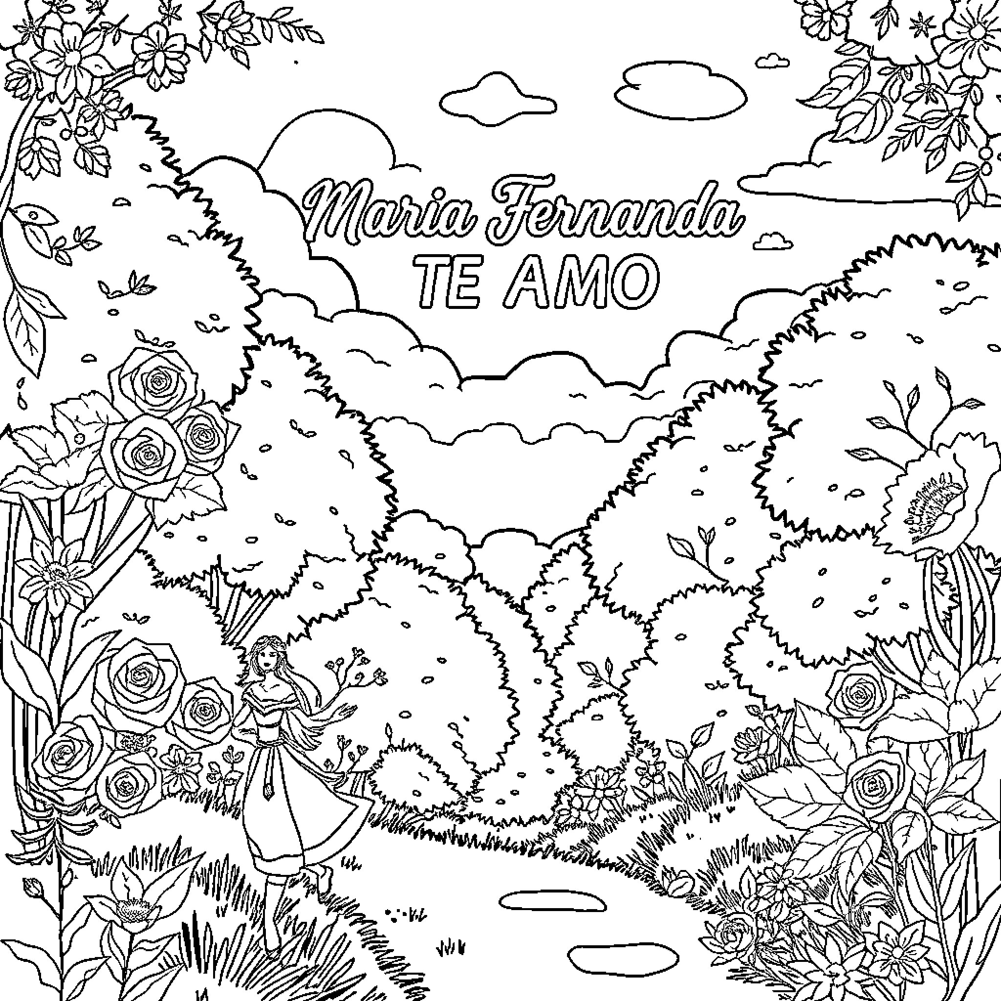 Princess in a Floral Garden with Hearts Coloring Page (free black-and-white line drawing printable PDF for all, from beginners to advanced learners, including children, teens, adults, and seniors)