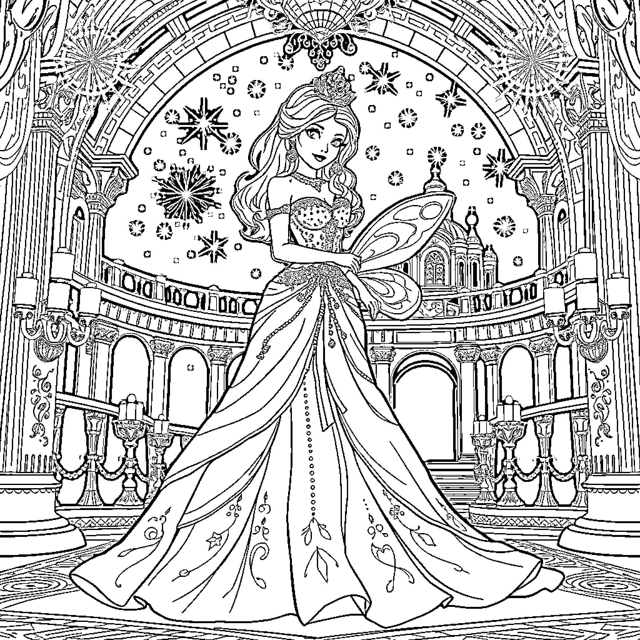 Cinderella's Enchanting Ball Gown and Fairy-Tale Castle Coloring Page (free black-and-white line drawing printable PDF for all, from beginners to advanced learners, including children, teens, adults, and seniors)