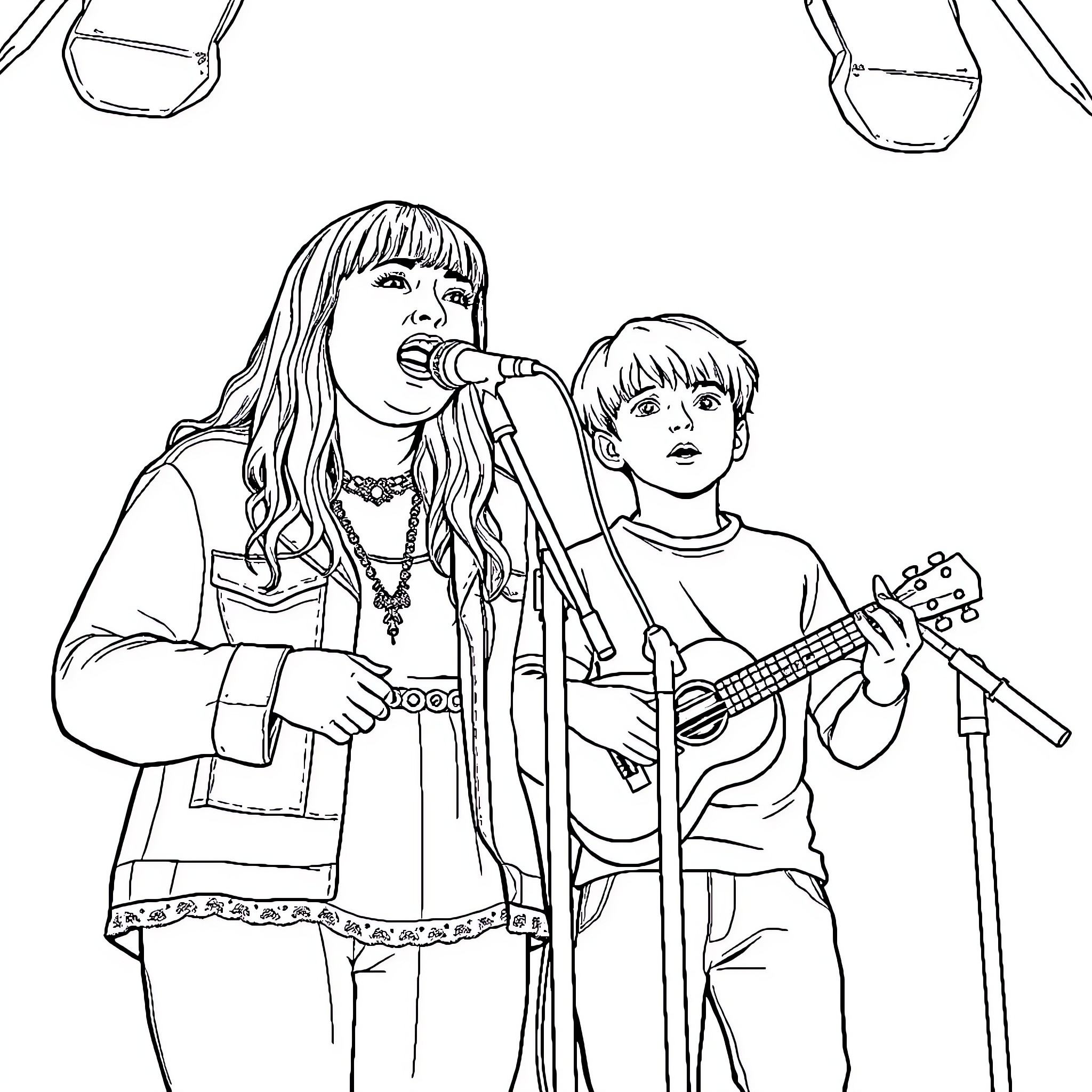 Billie Eilish Performing with Young Fan on Stage Coloring Page (free black-and-white line drawing printable PDF for all, from beginners to advanced learners, including children, teens, adults, and seniors)