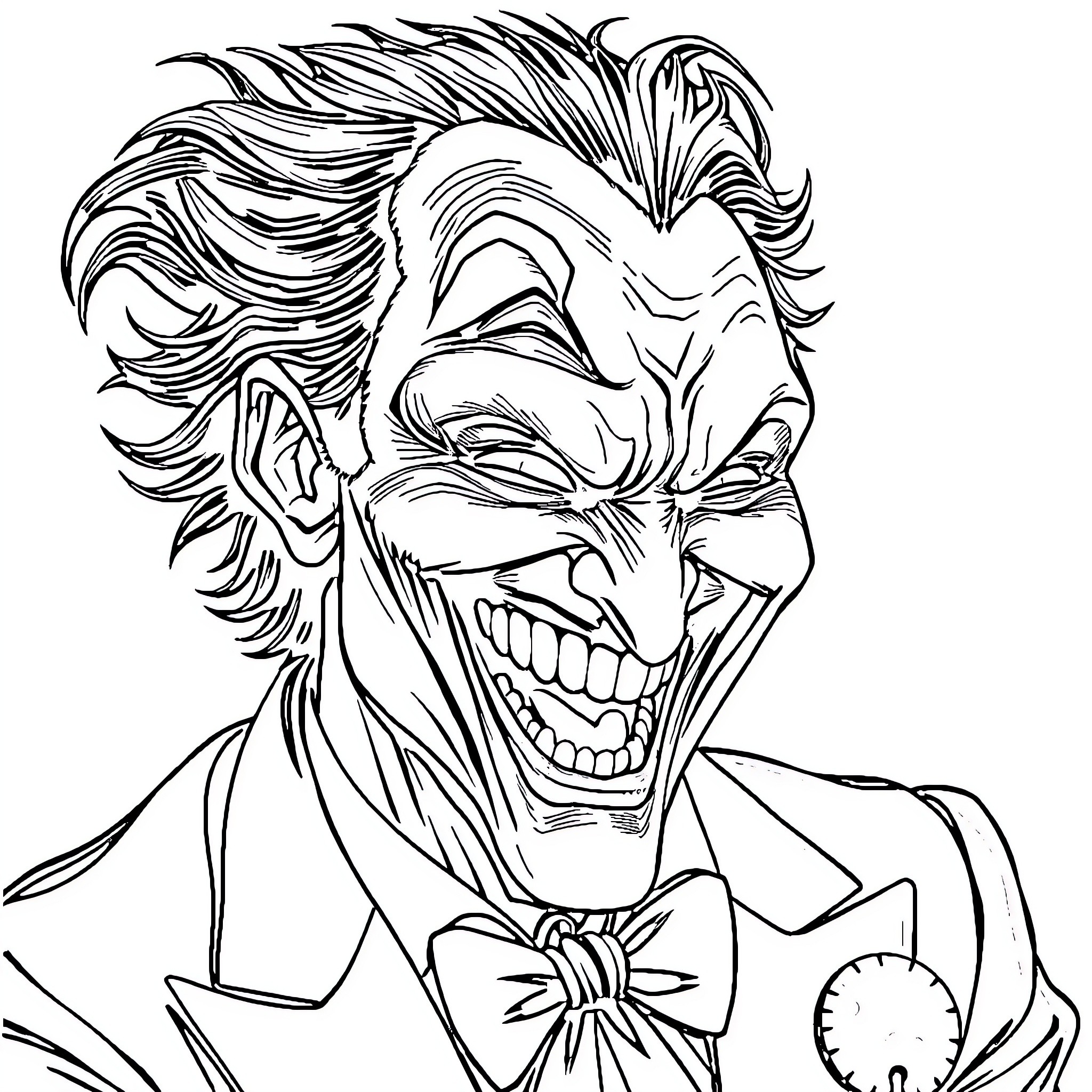 Joker's Mischievous Grin Coloring Page (free black-and-white line drawing printable PDF for all, from beginners to advanced learners, including children, teens, adults, and seniors)