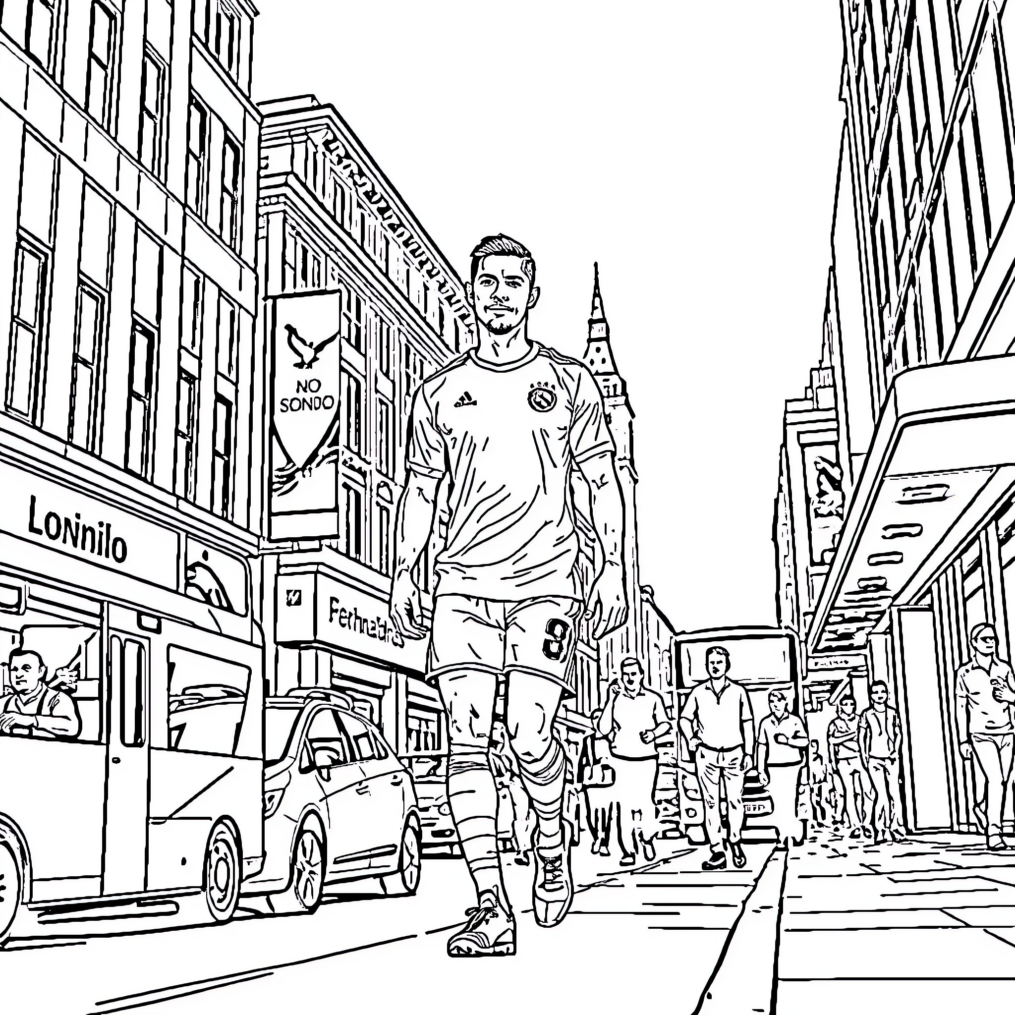 Ronaldo Walks Through Crowded City Street Coloring Page (free black-and-white line drawing printable PDF for all, from beginners to advanced learners, including children, teens, adults, and seniors)