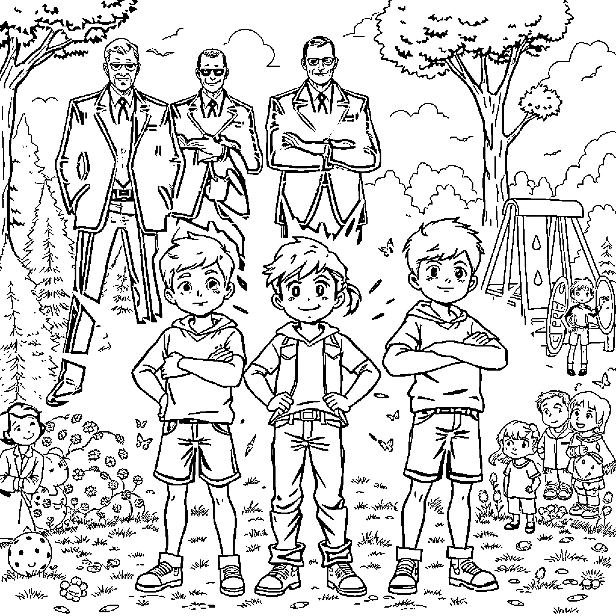 Kid Adventurers Explore the Outdoors Coloring Page (free black-and-white line drawing printable PDF for all, from beginners to advanced learners, including children, teens, adults, and seniors)