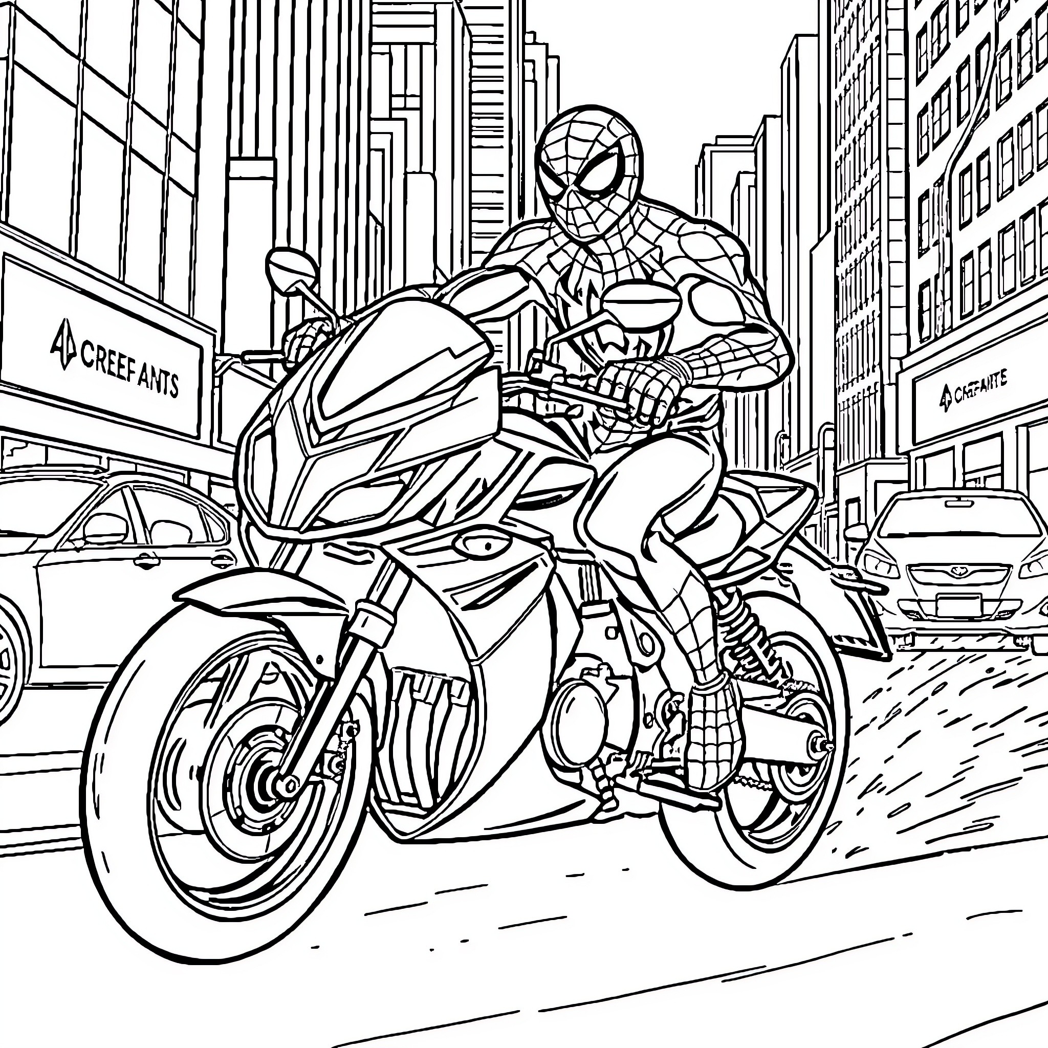 Spiderman riding a motorcycle through the city Coloring Page (free black-and-white line drawing printable PDF for all, from beginners to advanced learners, including children, teens, adults, and seniors)