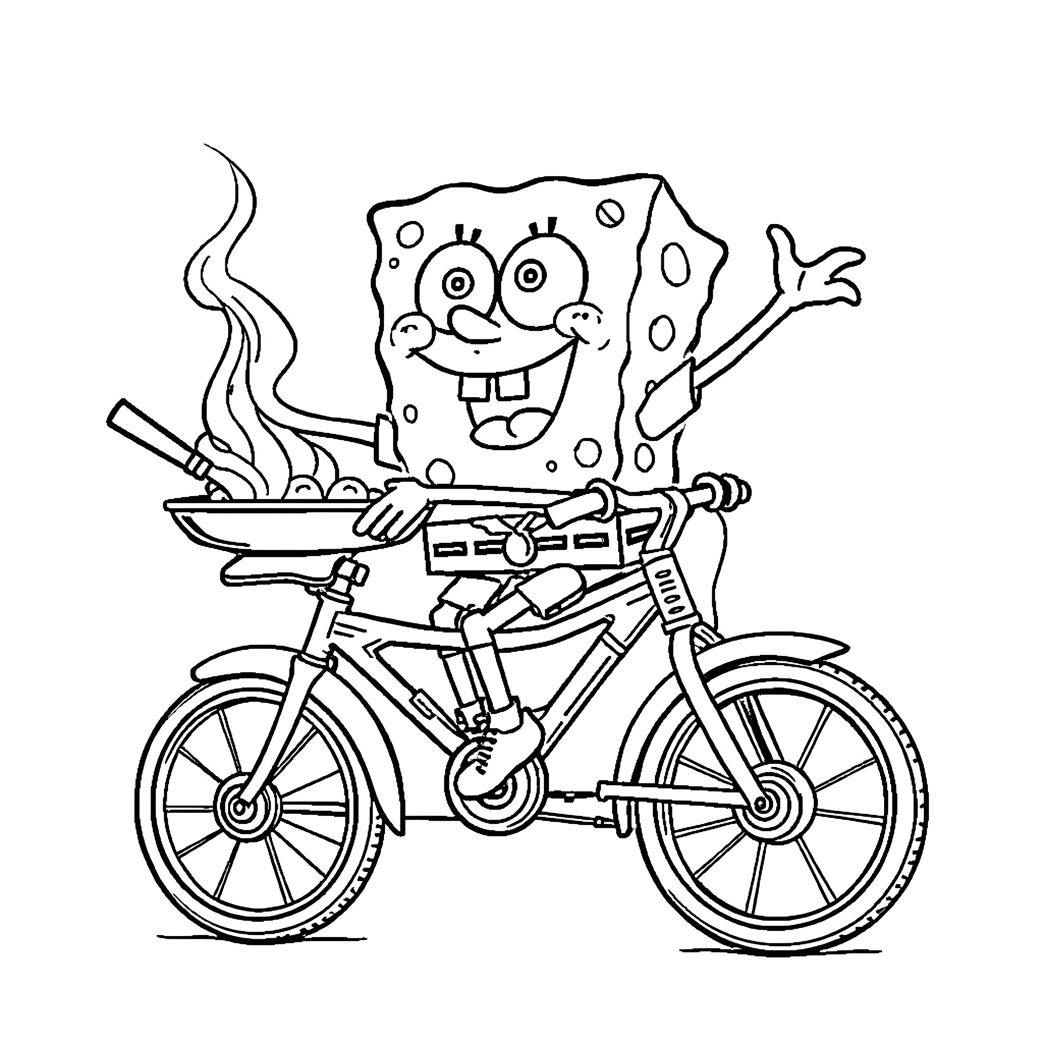 Spongebob Riding a Bicycle with Enthusiastic Expression Coloring Page (free black-and-white line drawing printable PDF for all, from beginners to advanced learners, including children, teens, adults, and seniors)