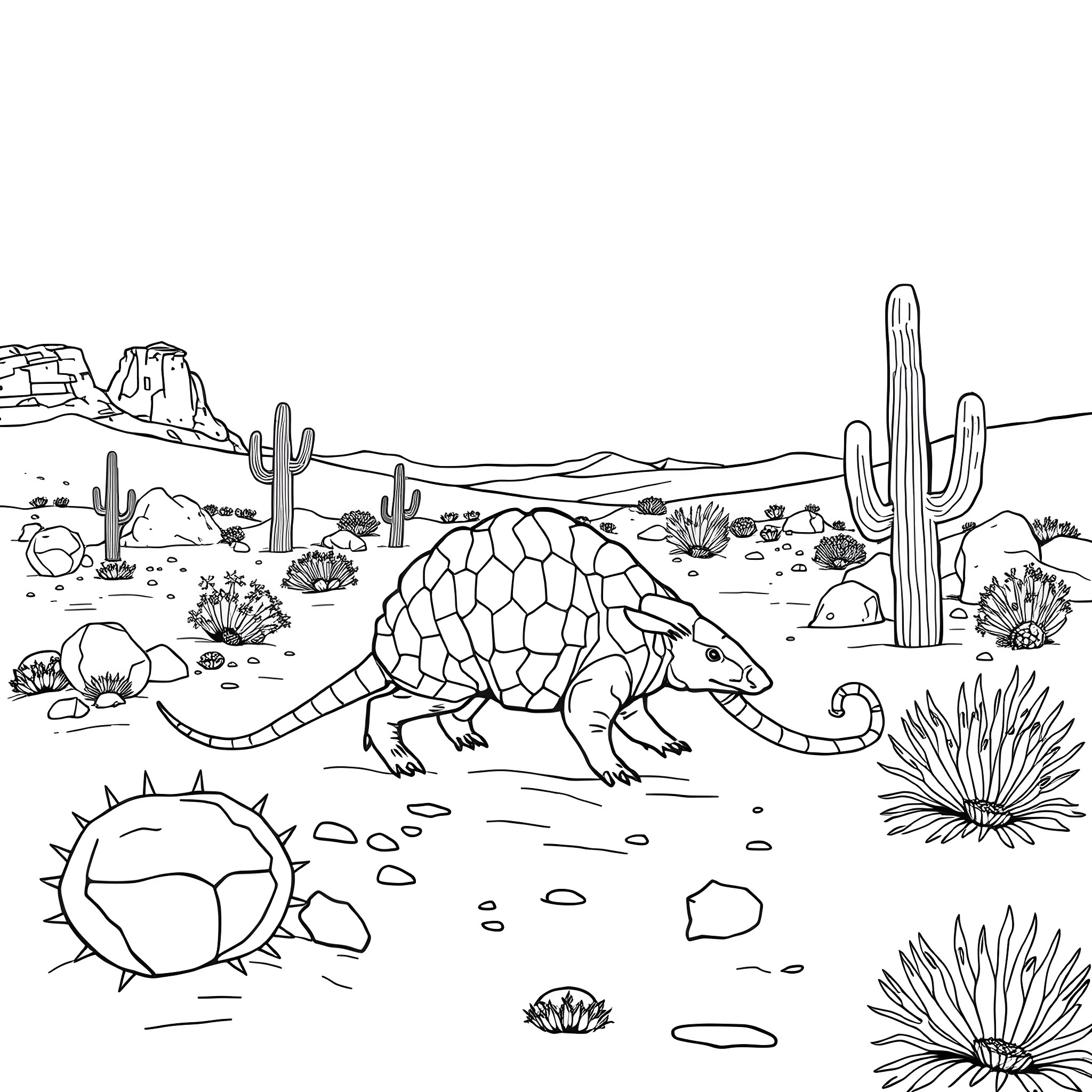 Armadillo exploring the desert landscape Coloring Page (free black-and-white line drawing printable PDF for all, from beginners to advanced learners, including children, teens, adults, and seniors)