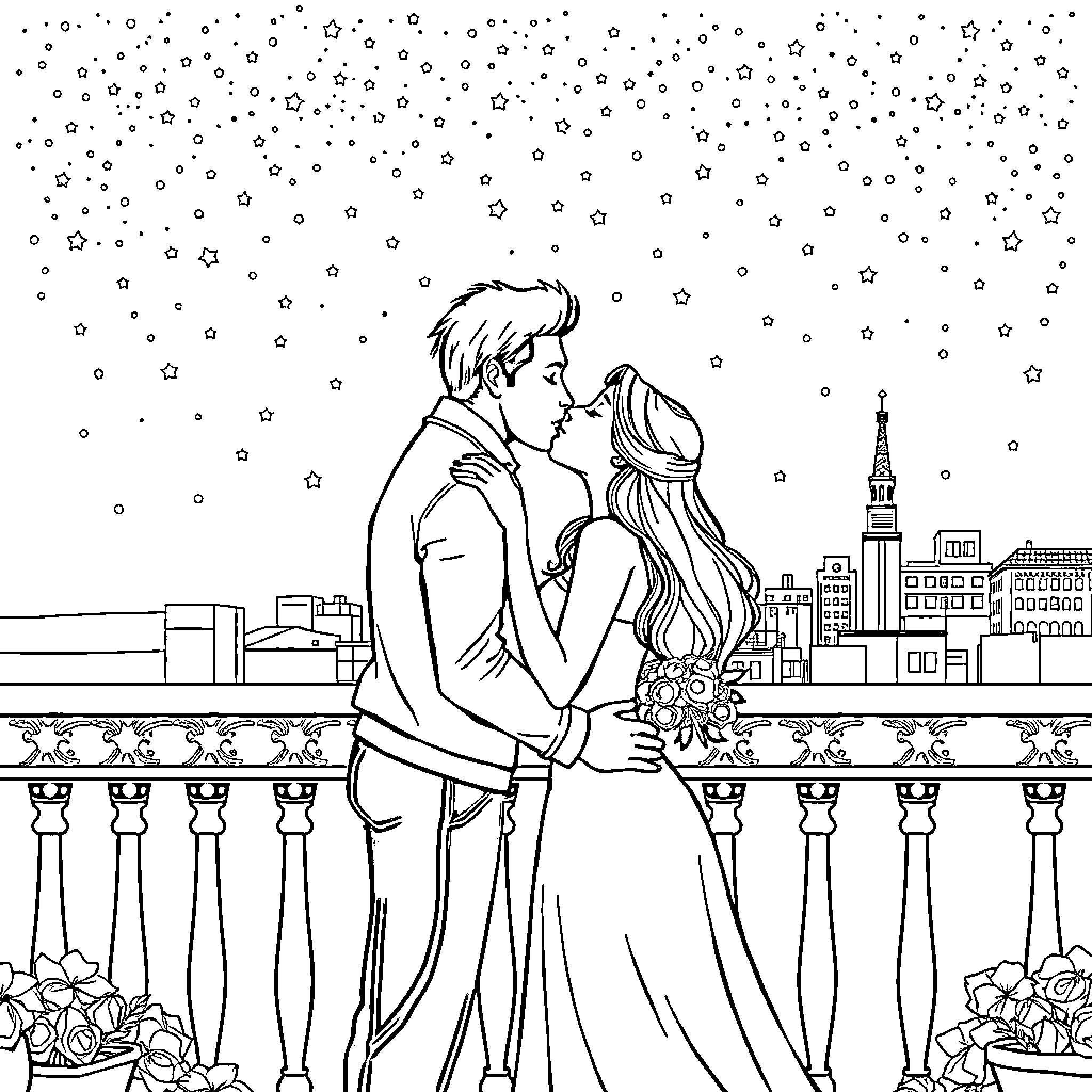 Love under the starry night in the city Coloring Page (free black-and-white line drawing printable PDF for all, from beginners to advanced learners, including children, teens, adults, and seniors)