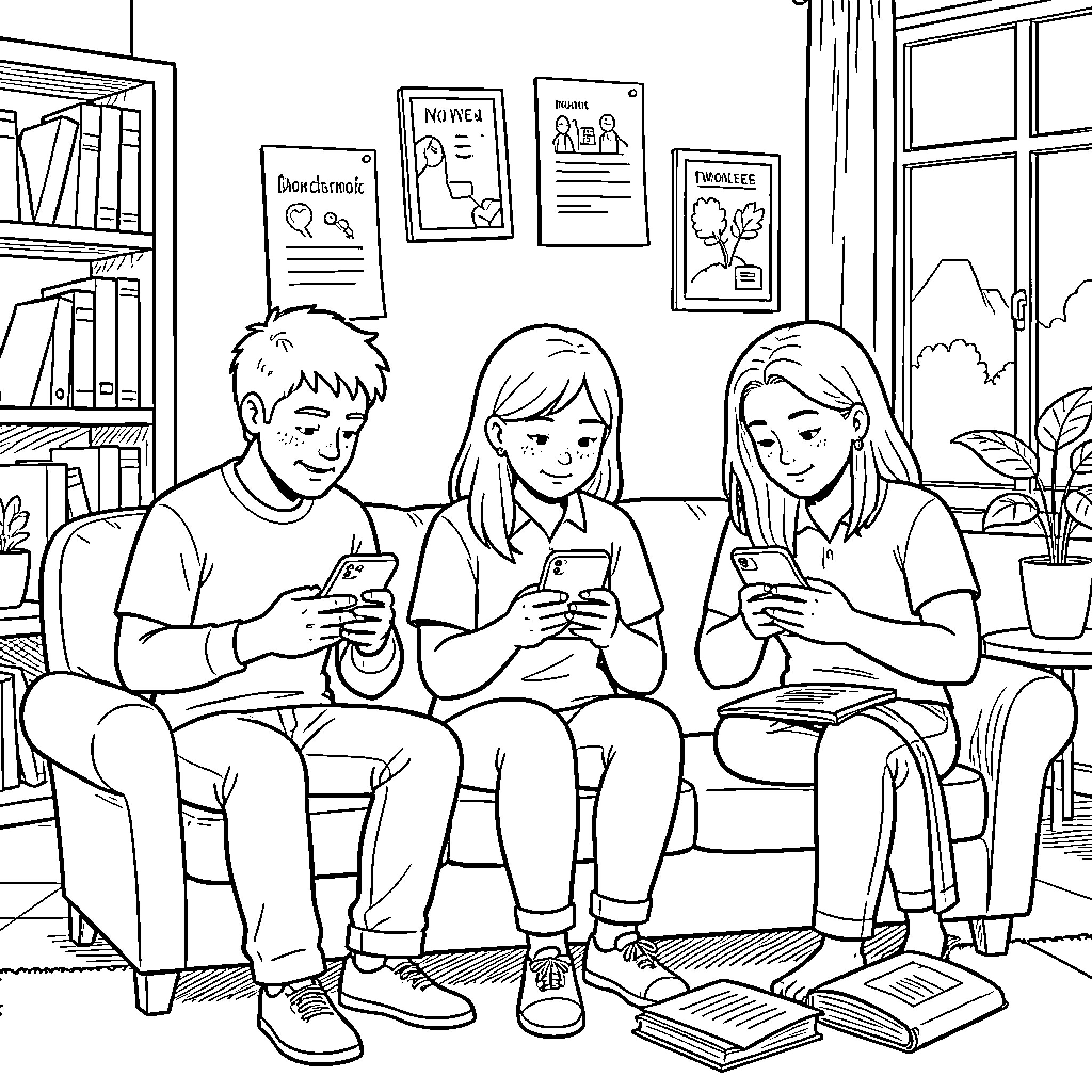 Persona Engaging in Digital Interactions Coloring Page (free black-and-white line drawing printable PDF for all, from beginners to advanced learners, including children, teens, adults, and seniors)