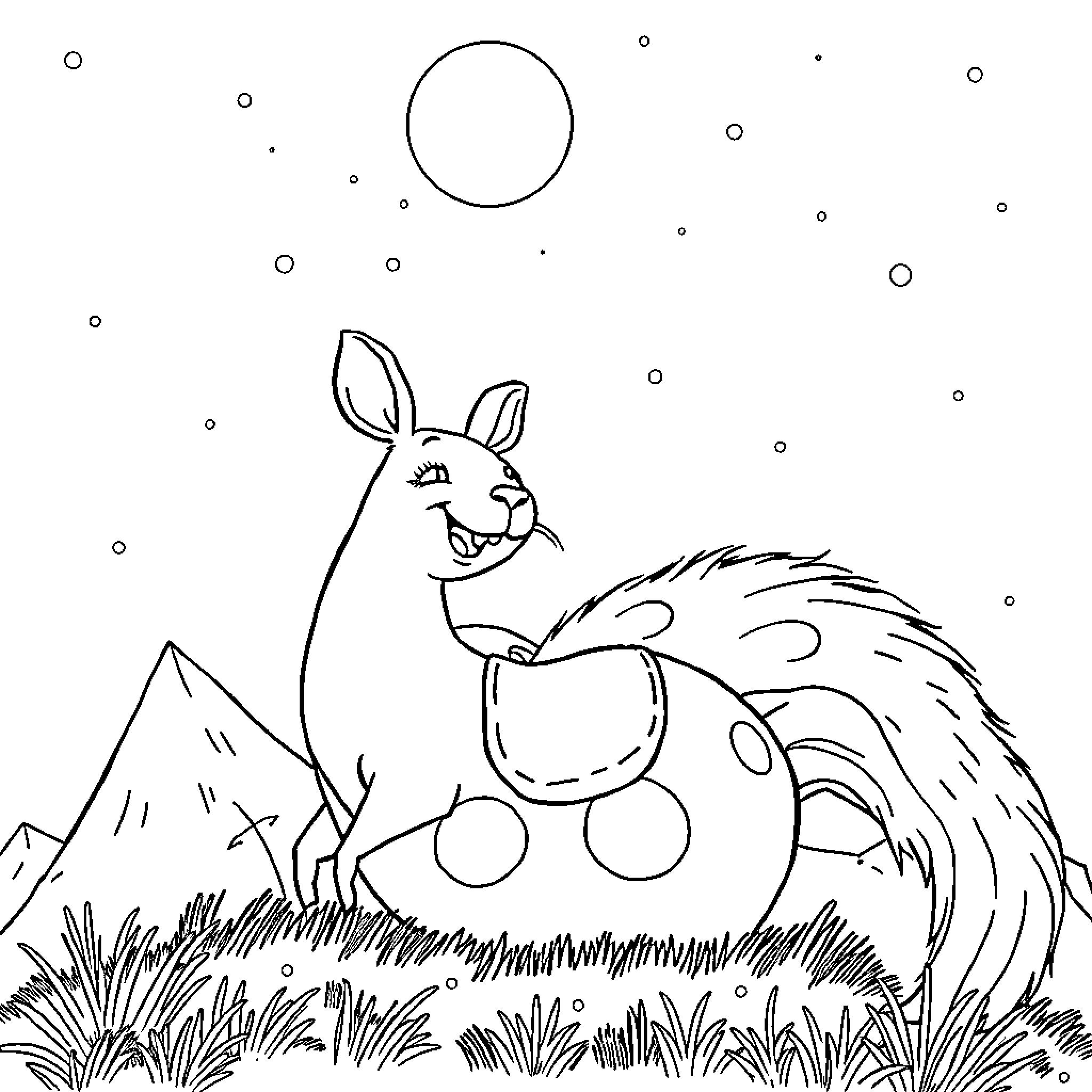 Roues of a Playful Squirrel in Nature Coloring Page (free black-and-white line drawing printable PDF for all, from beginners to advanced learners, including children, teens, adults, and seniors)