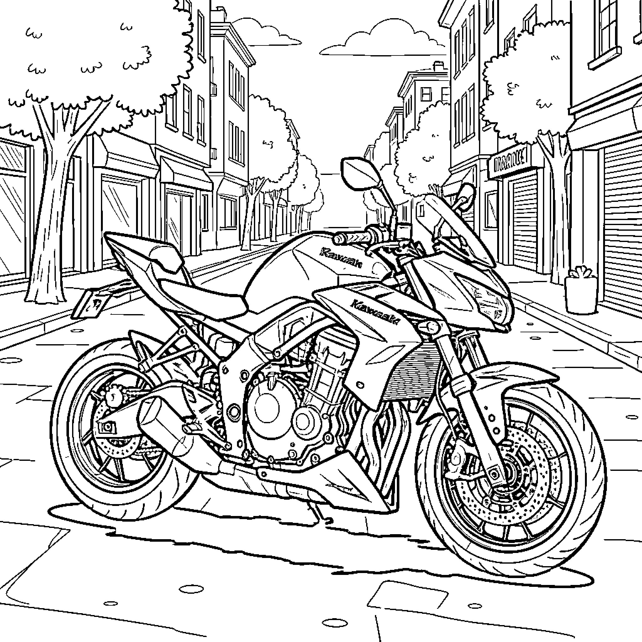 Kawasaki Z900 parked on a quiet city street Coloring Page (free black-and-white line drawing printable PDF for all, from beginners to advanced learners, including children, teens, adults, and seniors)