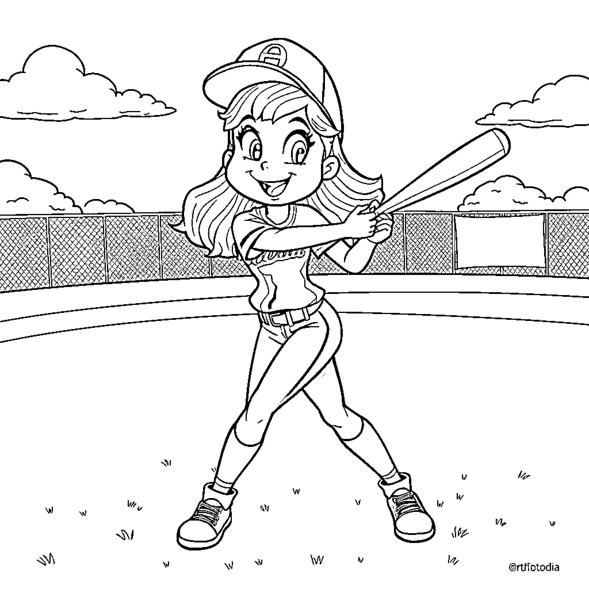 Galinda playing happily with baseball bat on the field Coloring Page (free black-and-white line drawing printable PDF for all, from beginners to advanced learners, including children, teens, adults, and seniors)