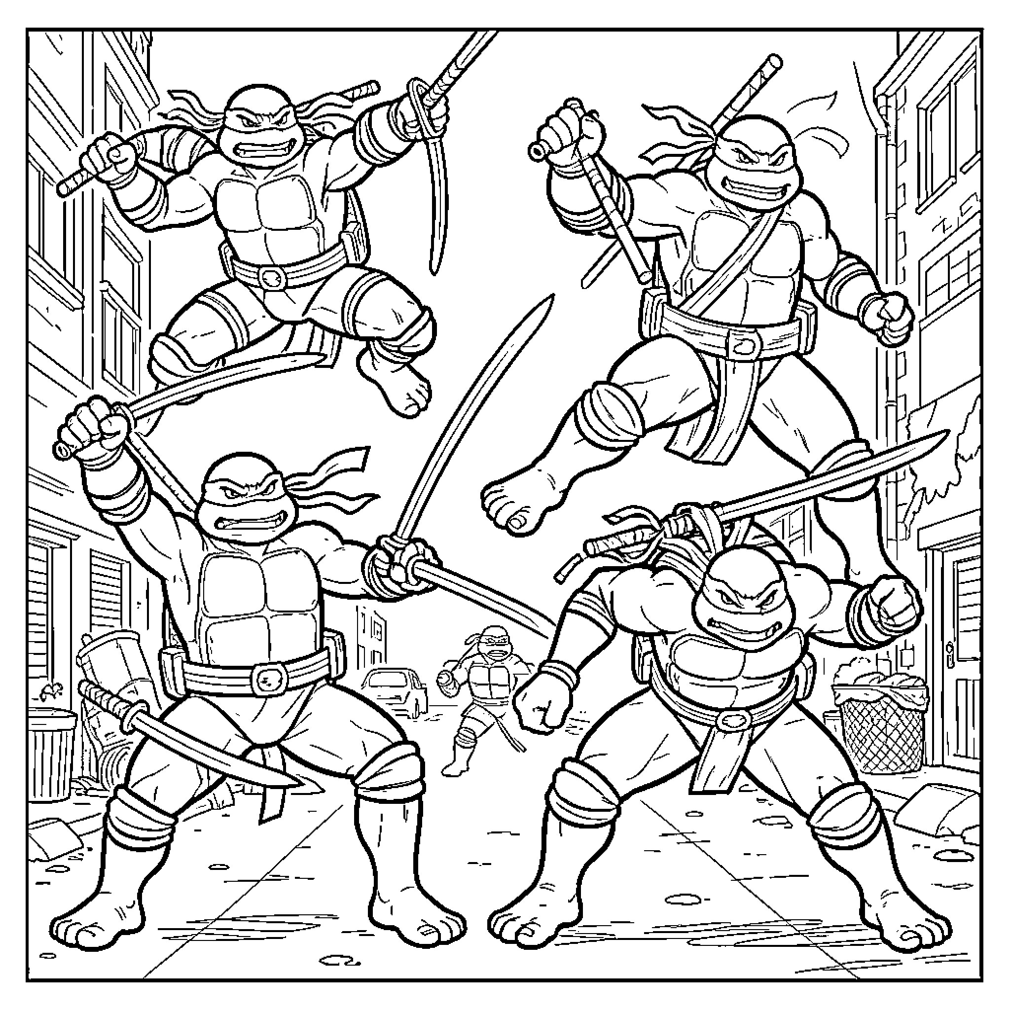 Teenage Mutant Ninja Turtles in an action combat pose Coloring Page (free black-and-white line drawing printable PDF for all, from beginners to advanced learners, including children, teens, adults, and seniors)