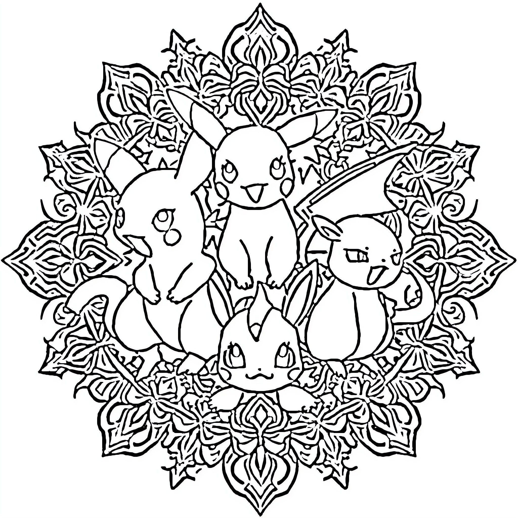 Pokémon characters in a decorative mandala design Coloring Page (free black-and-white line drawing printable PDF for all, from beginners to advanced learners, including children, teens, adults, and seniors)