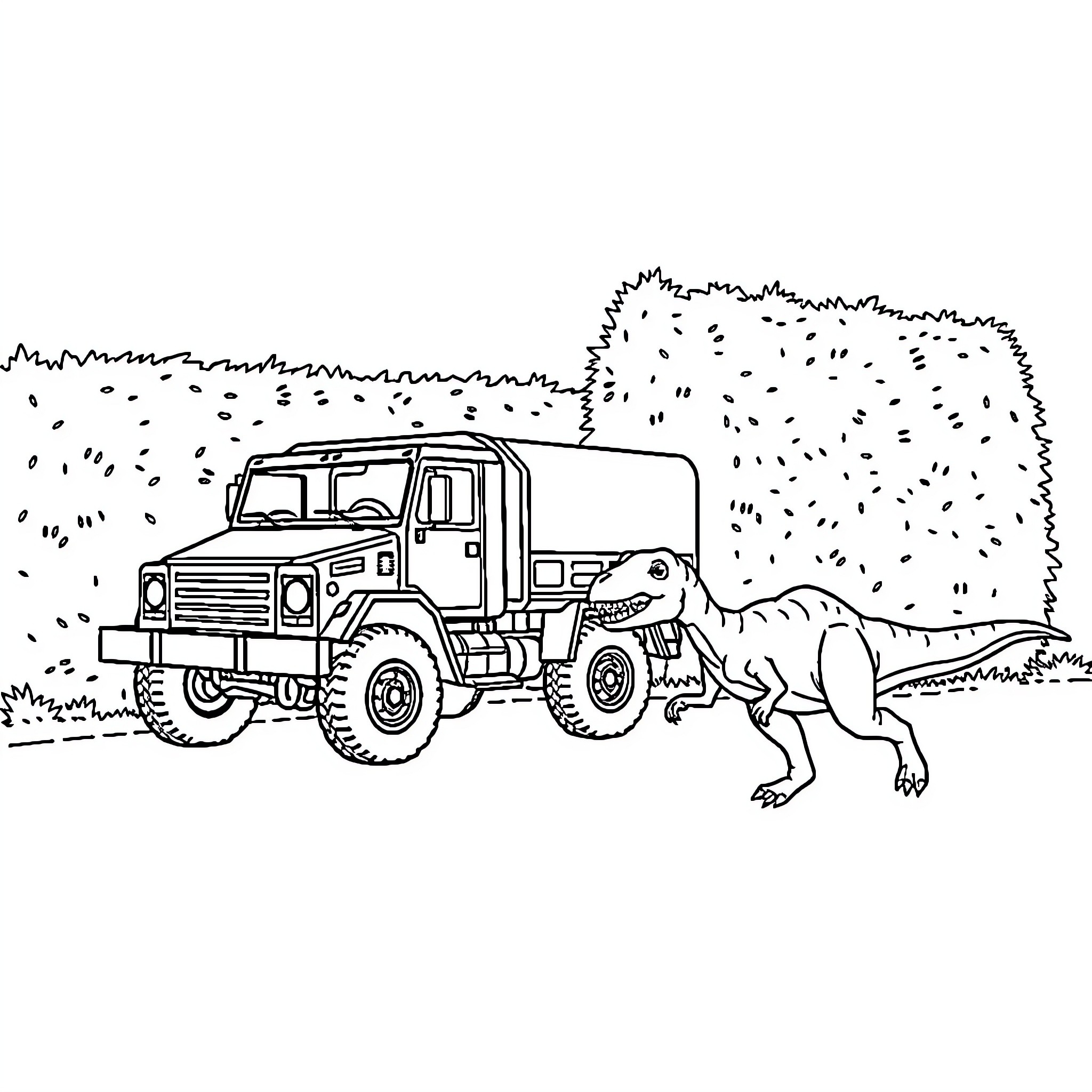 Army Truck Navigating through Rugged Terrain with Dinosaur Coloring Page (free black-and-white line drawing printable PDF for all, from beginners to advanced learners, including children, teens, adults, and seniors)