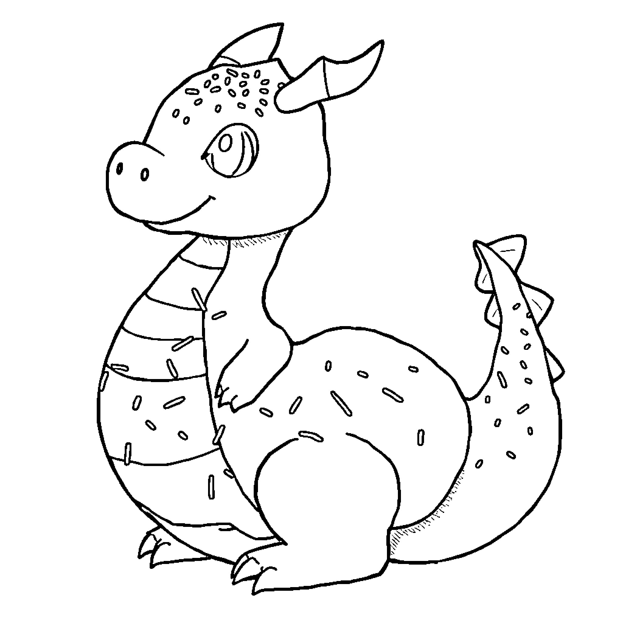 Dragon with a Friendly Expression and Playful Pose Coloring Page (free black-and-white line drawing printable PDF for all, from beginners to advanced learners, including children, teens, adults, and seniors)