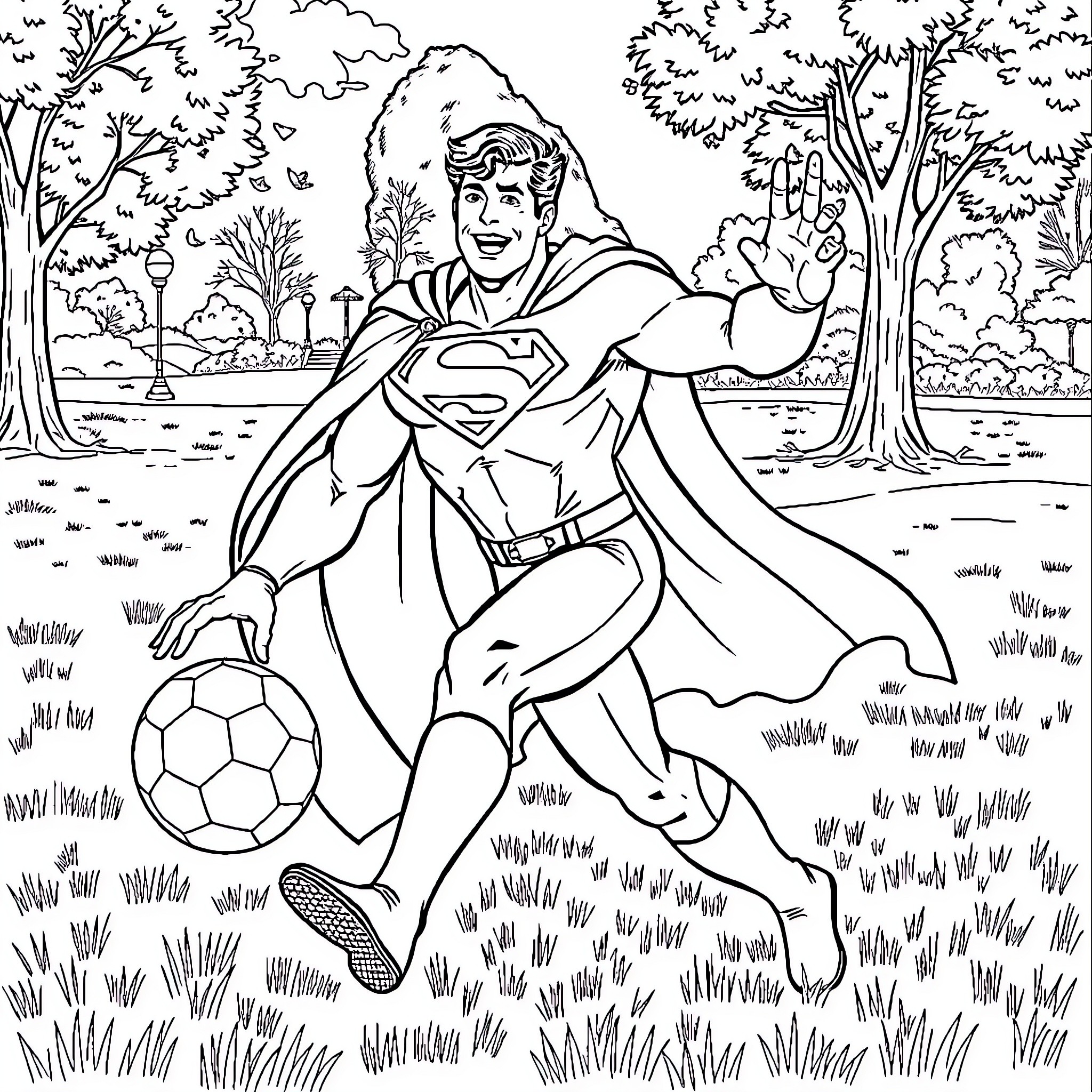 Superman playing with a soccer ball in a park Coloring Page (free black-and-white line drawing printable PDF for all, from beginners to advanced learners, including children, teens, adults, and seniors)