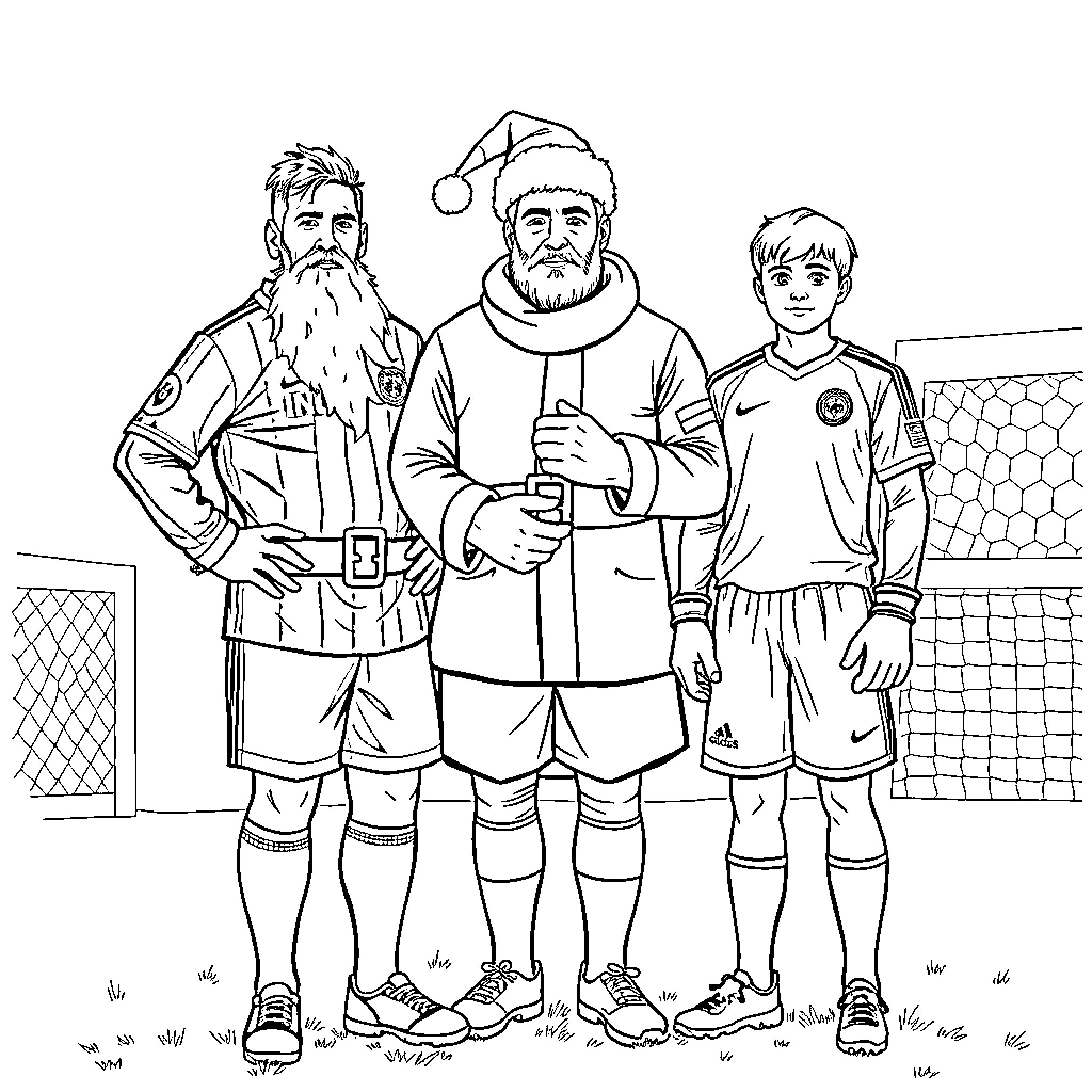 Messi Celebrates Christmas with Football Teammates Coloring Page (free black-and-white line drawing printable PDF for all, from beginners to advanced learners, including children, teens, adults, and seniors)