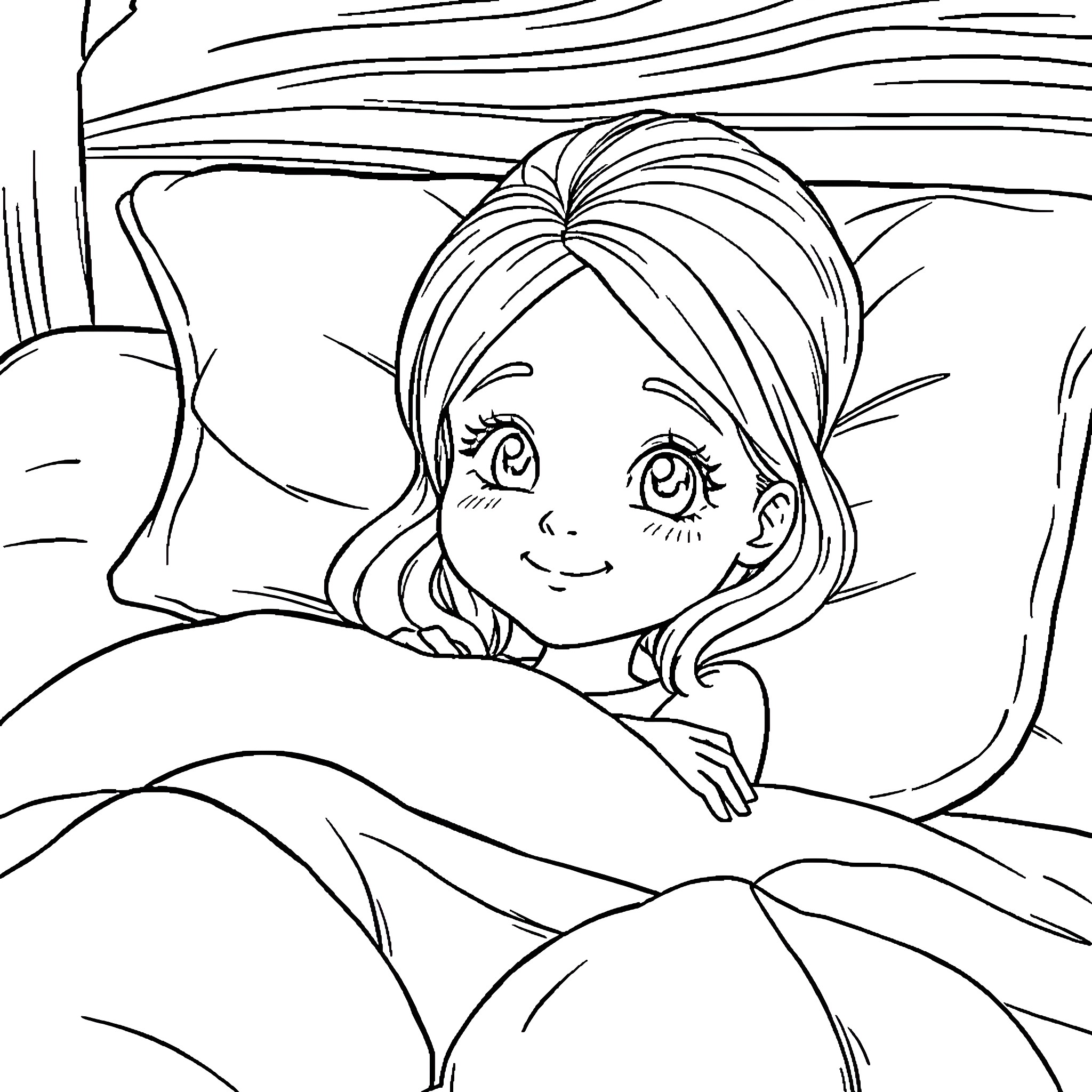 Girl resting peacefully in her bed Coloring Page (free black-and-white line drawing printable PDF for all, from beginners to advanced learners, including children, teens, adults, and seniors)