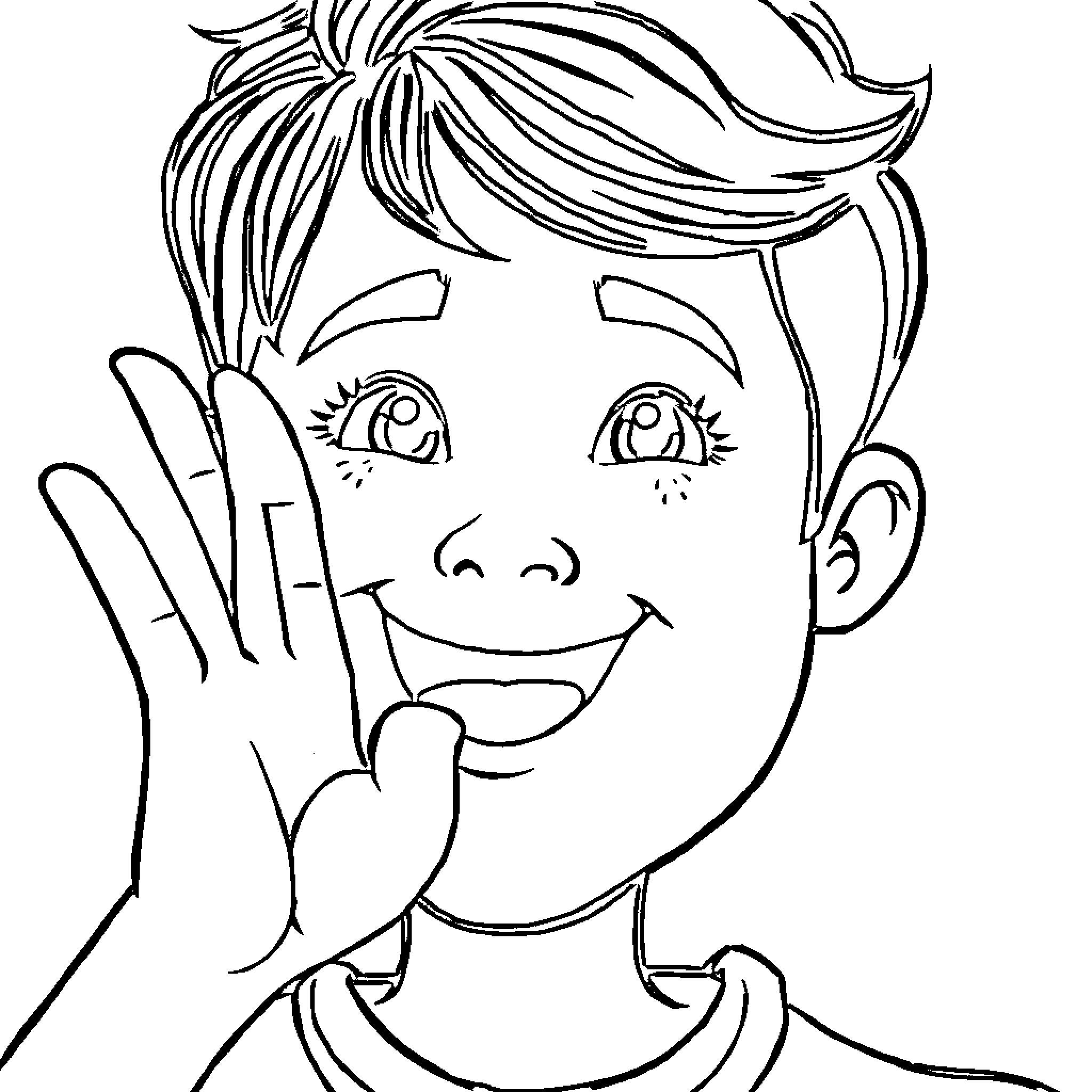 Ehi cheerful young boy waving hello Coloring Page (free black-and-white line drawing printable PDF for all, from beginners to advanced learners, including children, teens, adults, and seniors)